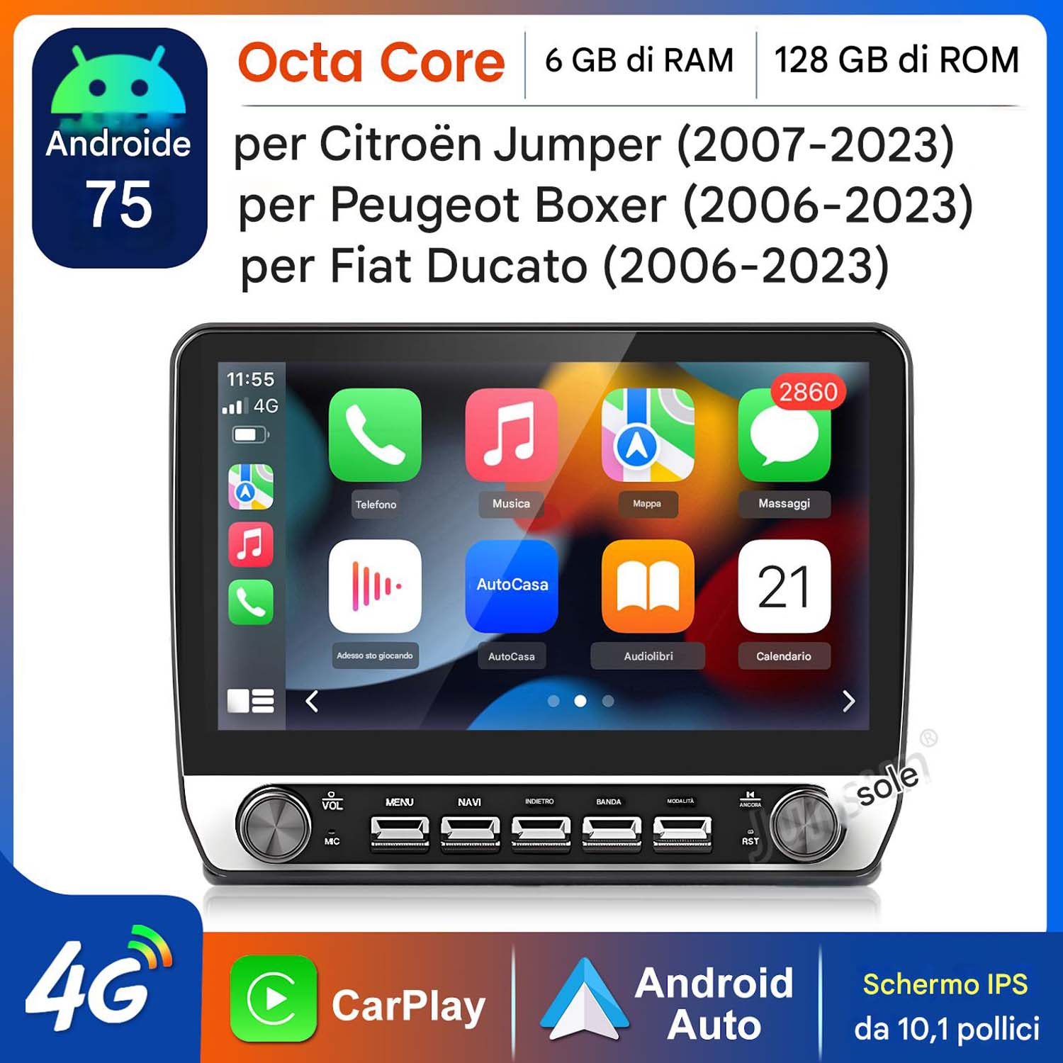 Lo schermo dell'autoradio mostra l'interfaccia Android. Il testo elenca i modelli di auto compatibili e le specifiche RAM/ROM.