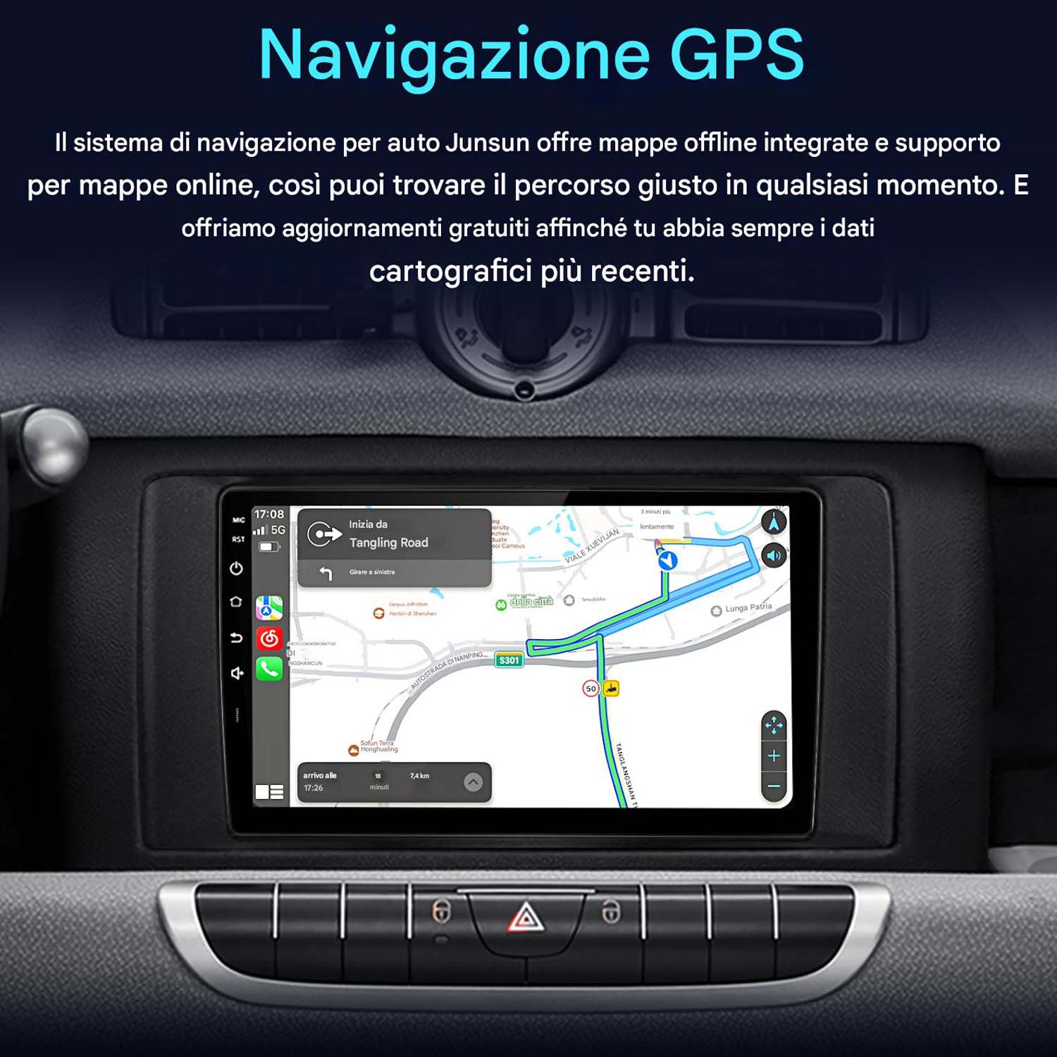 Schermo dell'autoradio che mostra la mappa di navigazione GPS con un percorso segnato. Lo stereo è in un cruscotto scuro.