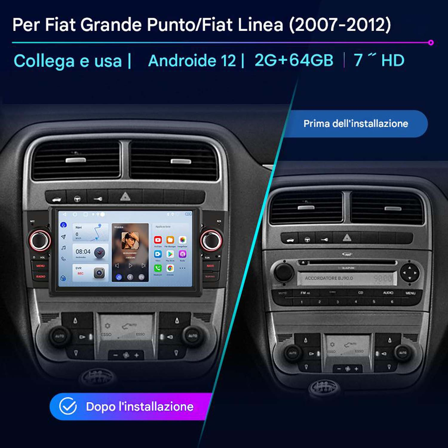 Cruscotto dell'auto con schermo che mostra l'interfaccia musicale con le icone delle app.
