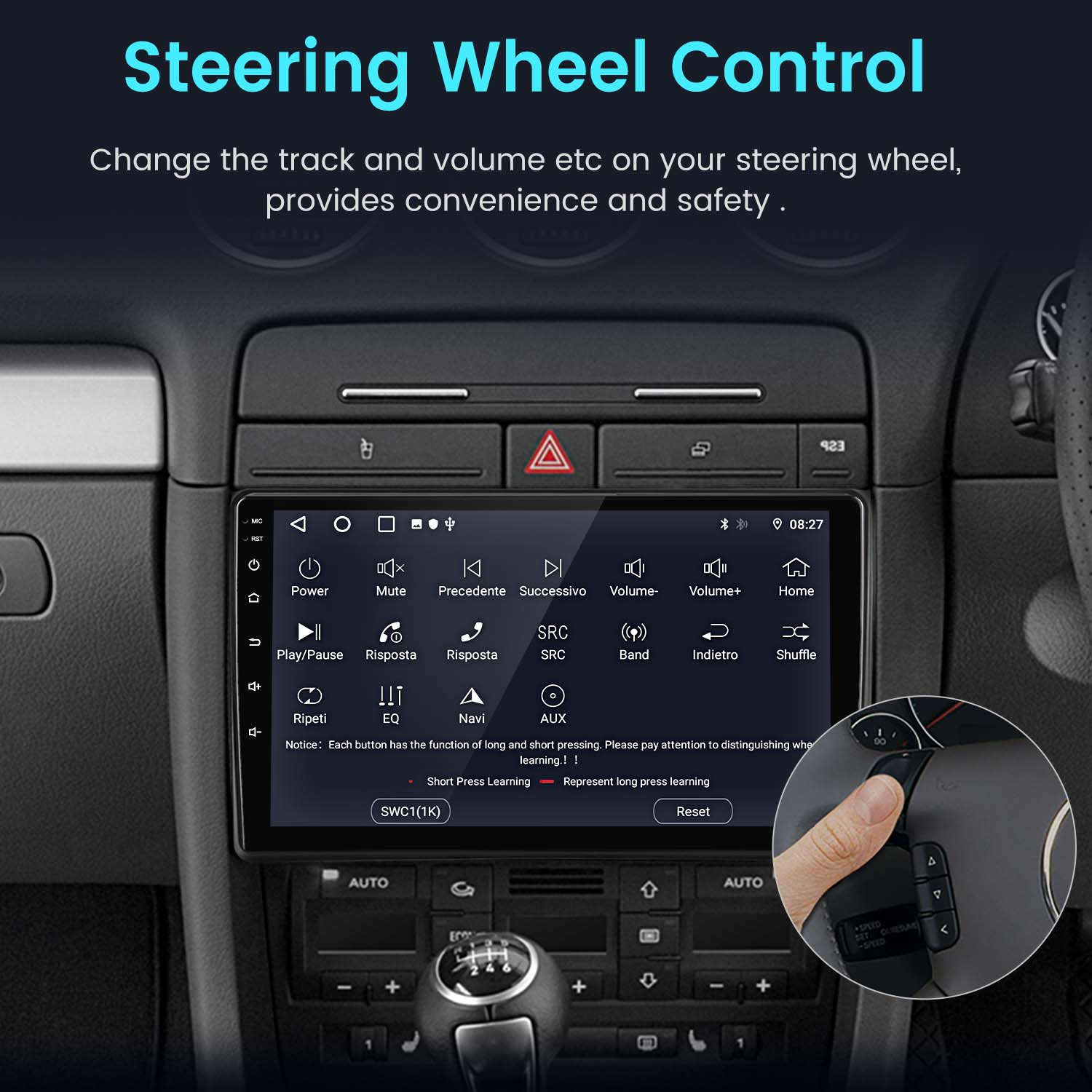 Schermo autoradio con opzioni di controllo del volante, visualizzato nell'interno del cruscotto di un'auto.