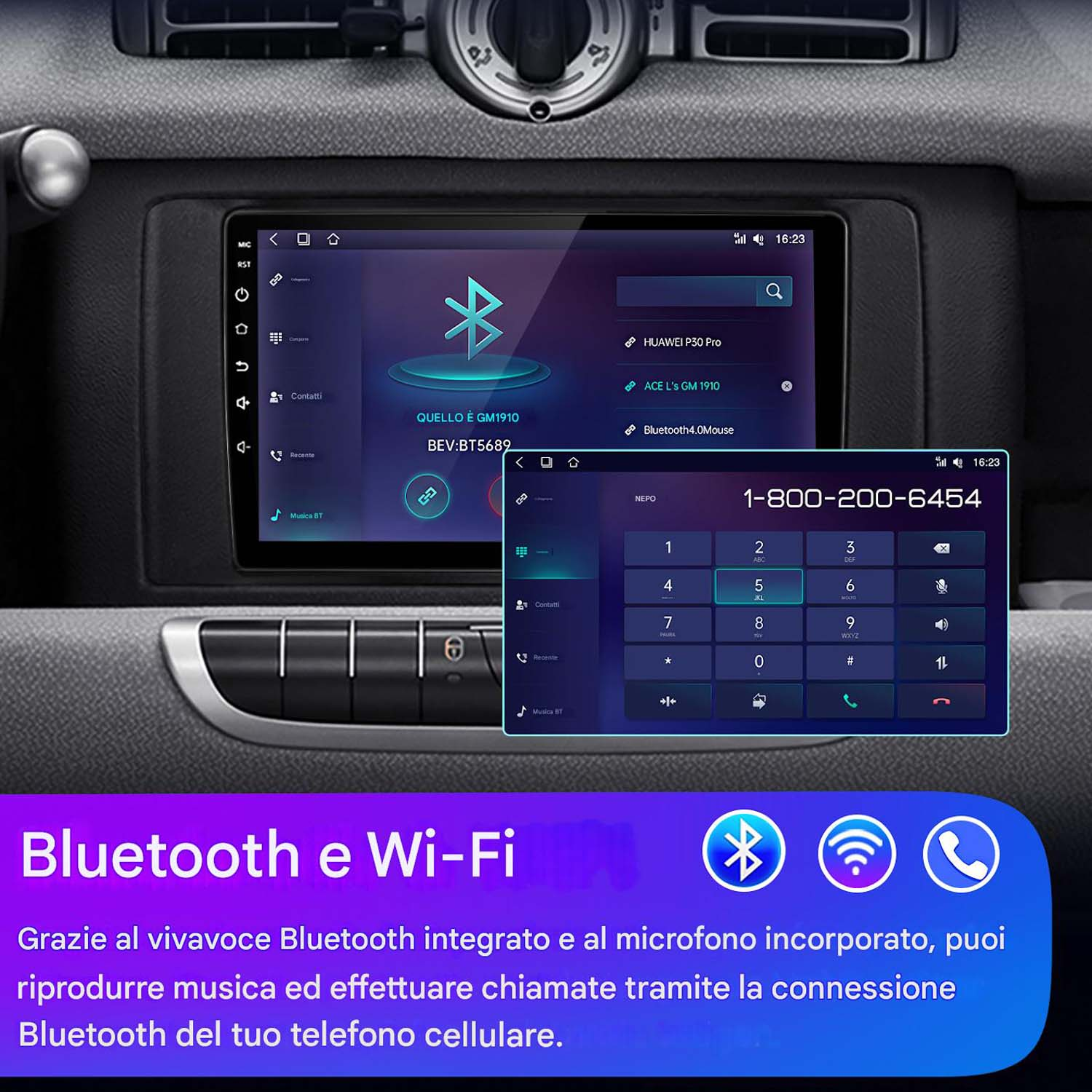 Schermo autoradio, con icone Bluetooth e Wi-Fi, visualizzato nell'interno del cruscotto di un'auto.