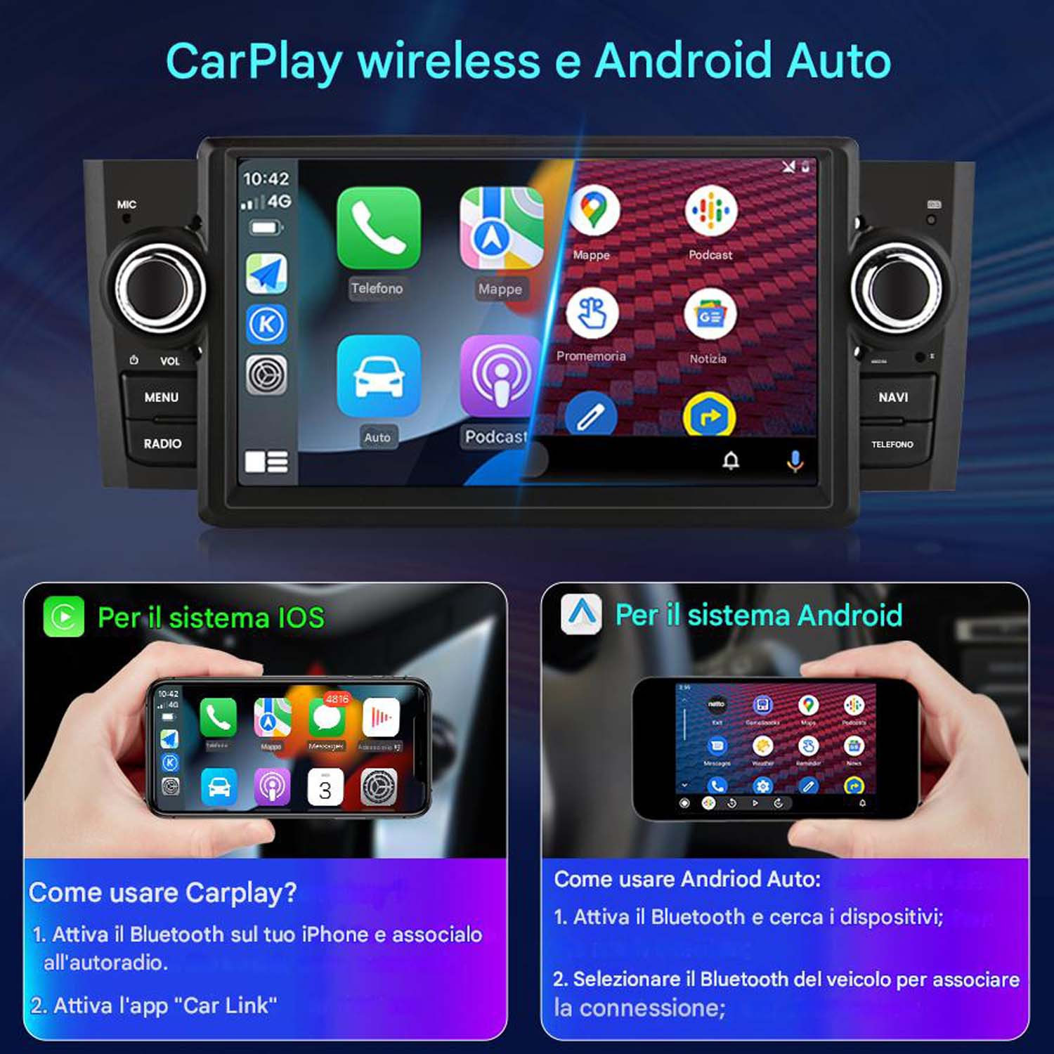 Autoradio con touchscreen che visualizza app e interfacce telefoniche. Due schermi più piccoli mostrano le interfacce telefoniche.