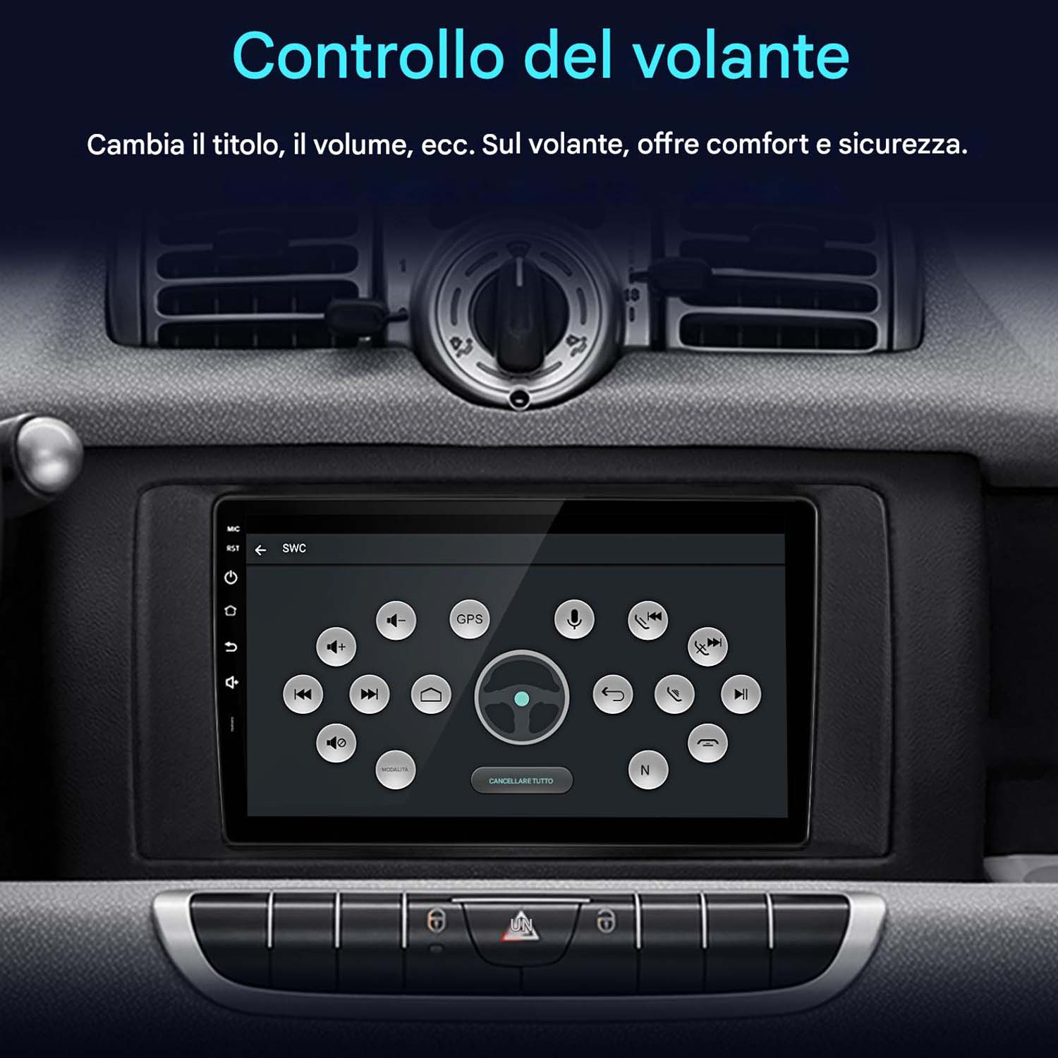 Touchscreen dell'auto che mostra le impostazioni. Sono visibili anche i comandi al volante.