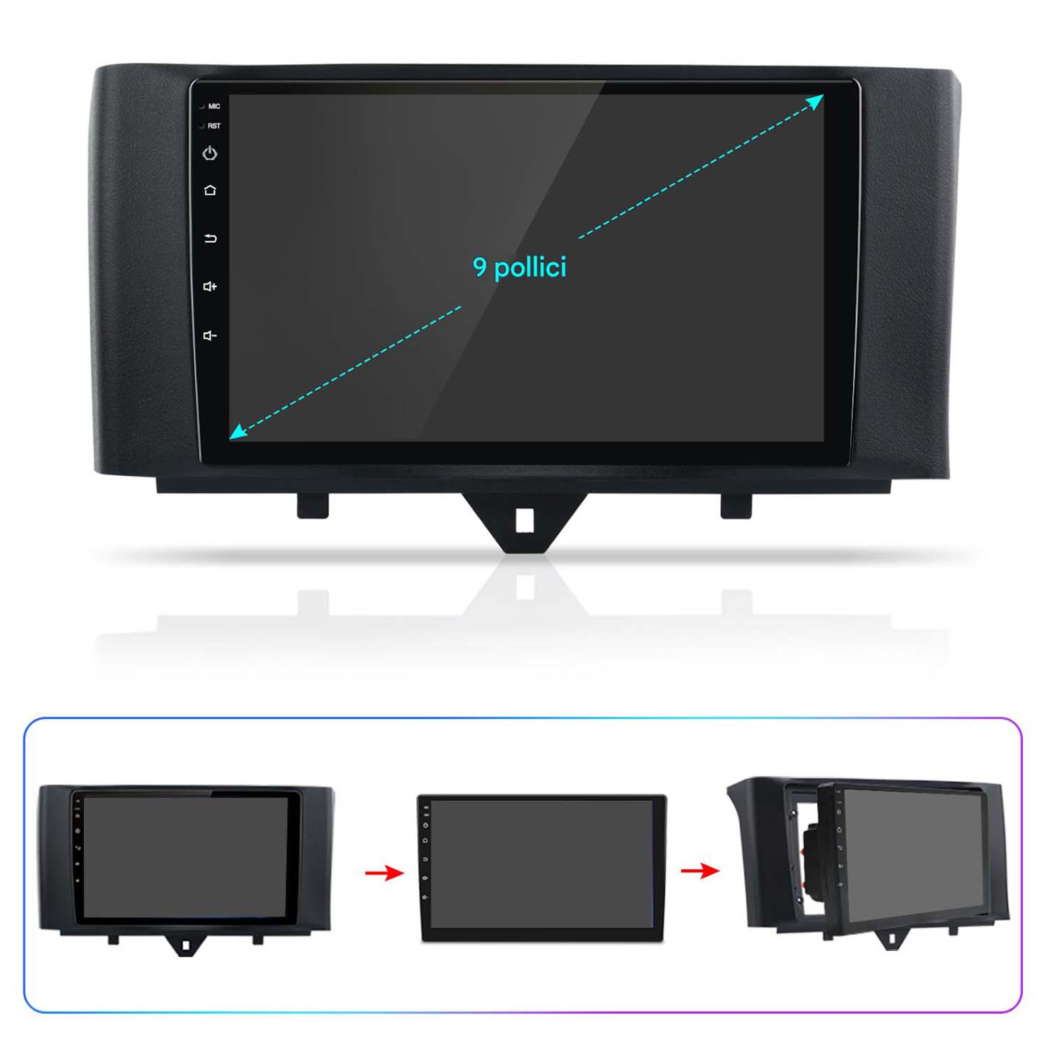 Schermo e cornice multimediale per auto, con dimensioni dello schermo di 9 pollici indicate. Cornice nera con schermo.