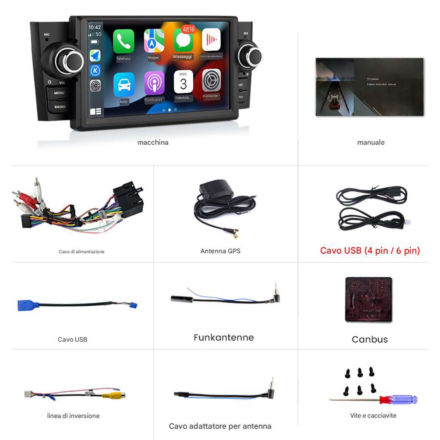 Componenti assortiti per l'installazione multimediale dell'auto, inclusi cablaggio, antenna GPS e altre parti.