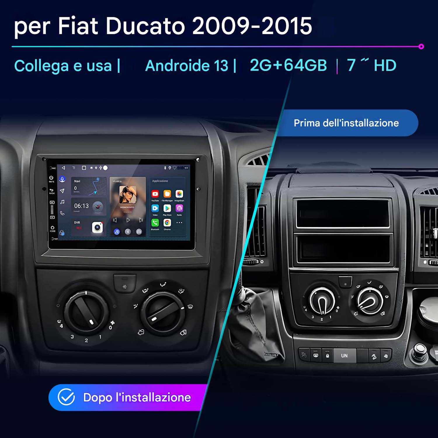 Un cruscotto auto che mostra prima e dopo l'installazione dello stereo. Il lato sinistro ha il nuovo stereo installato.