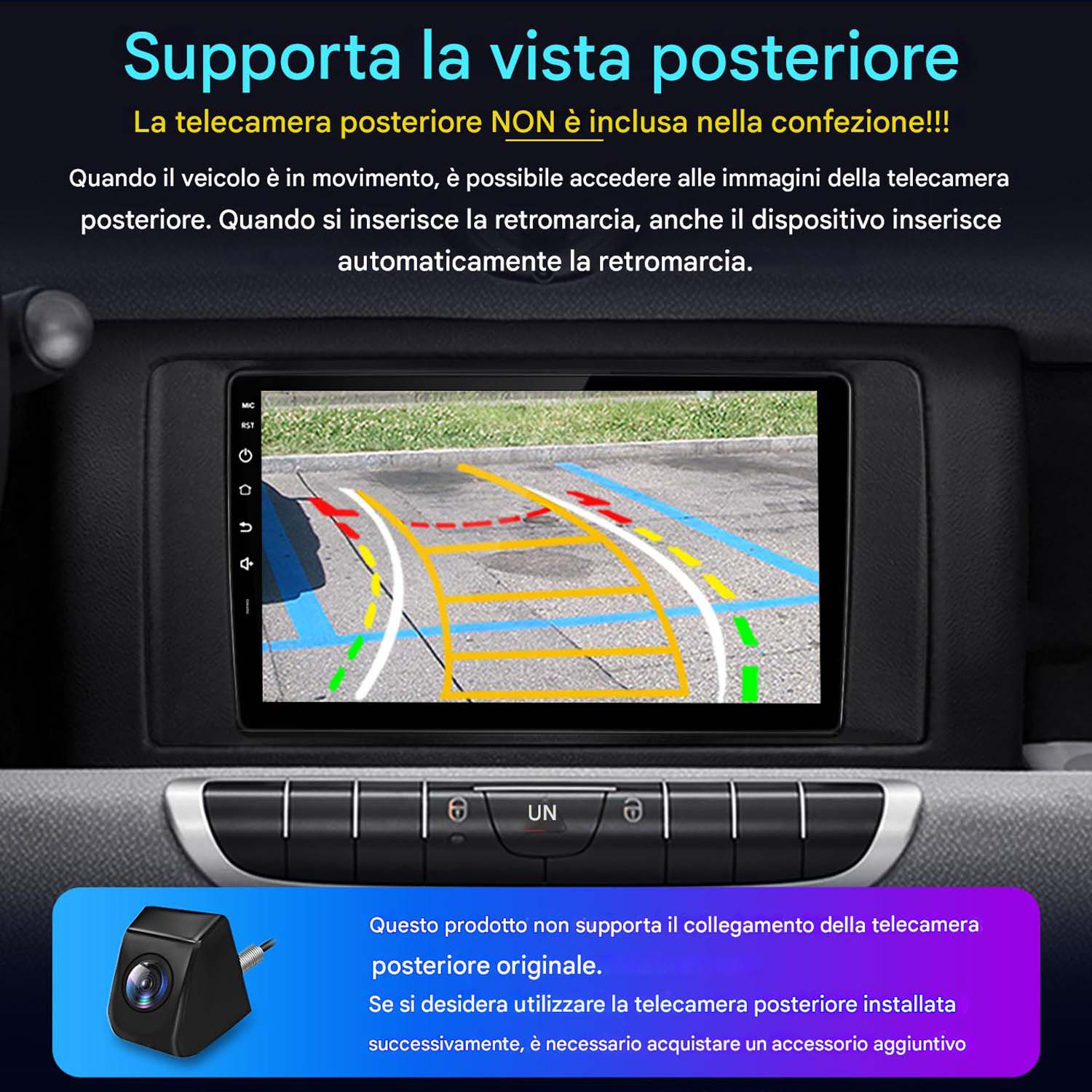 Uno schermo stereo per auto mostra una vista dalla telecamera posteriore, con linee guida e una piccola icona della fotocamera in basso.