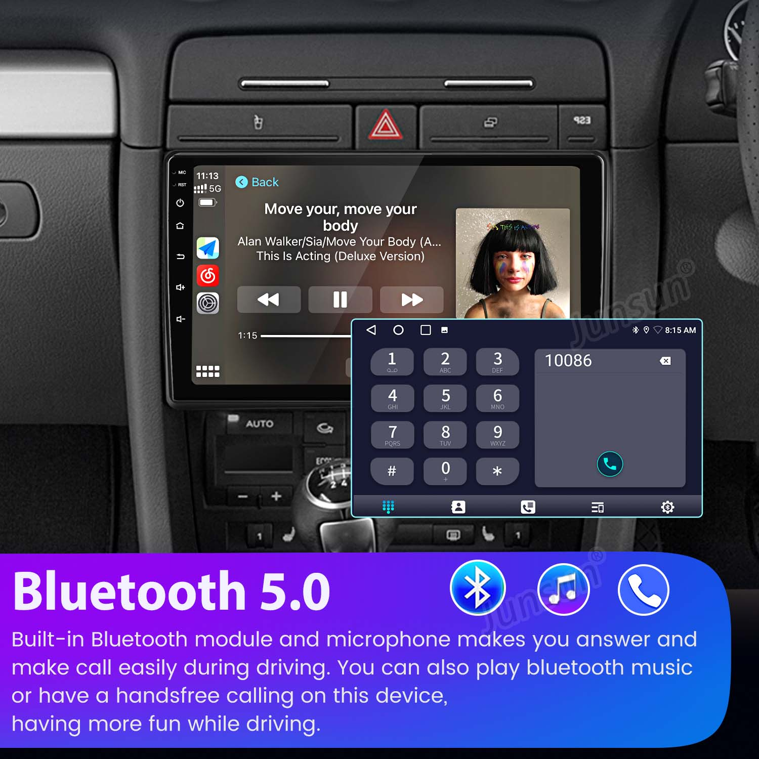 Lo schermo dell'autoradio mostra un'interfaccia telefonica. Lo schermo mostra informazioni di contatto e controlli musicali.