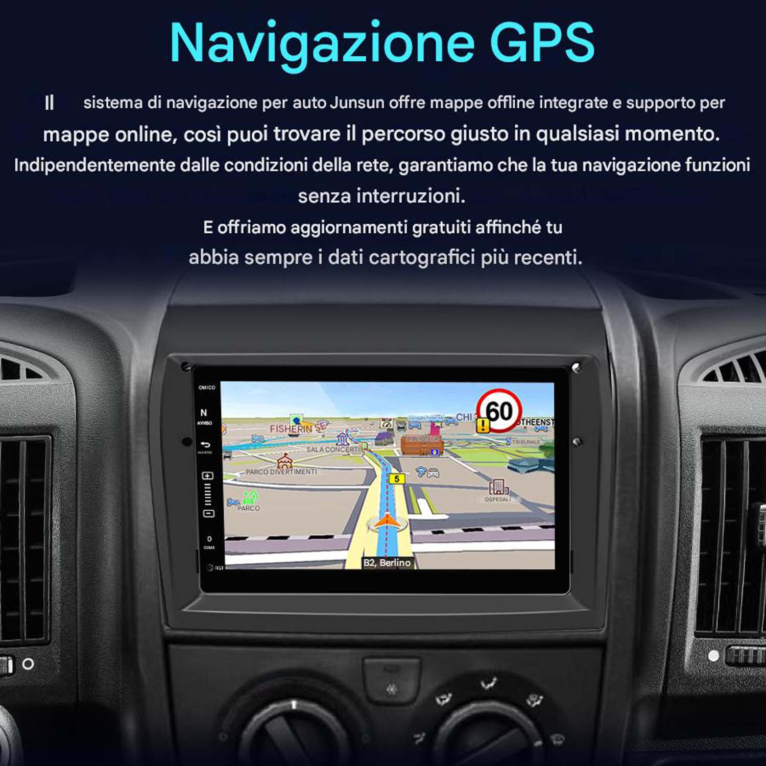 Schermo multimediale per auto che mostra un'interfaccia di navigazione GPS, con mappa e pulsanti di controllo.