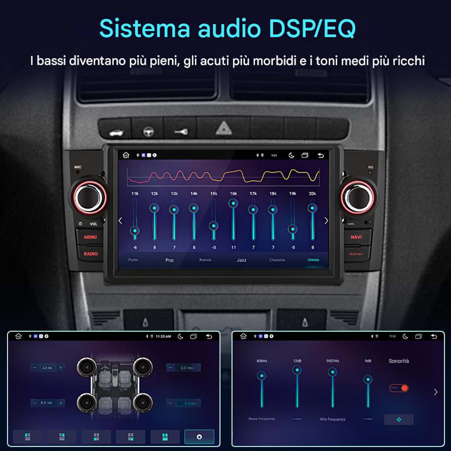 Schermo autoradio che mostra un'interfaccia di equalizzazione con impostazioni audio, con controlli di bassi, acuti e medi.