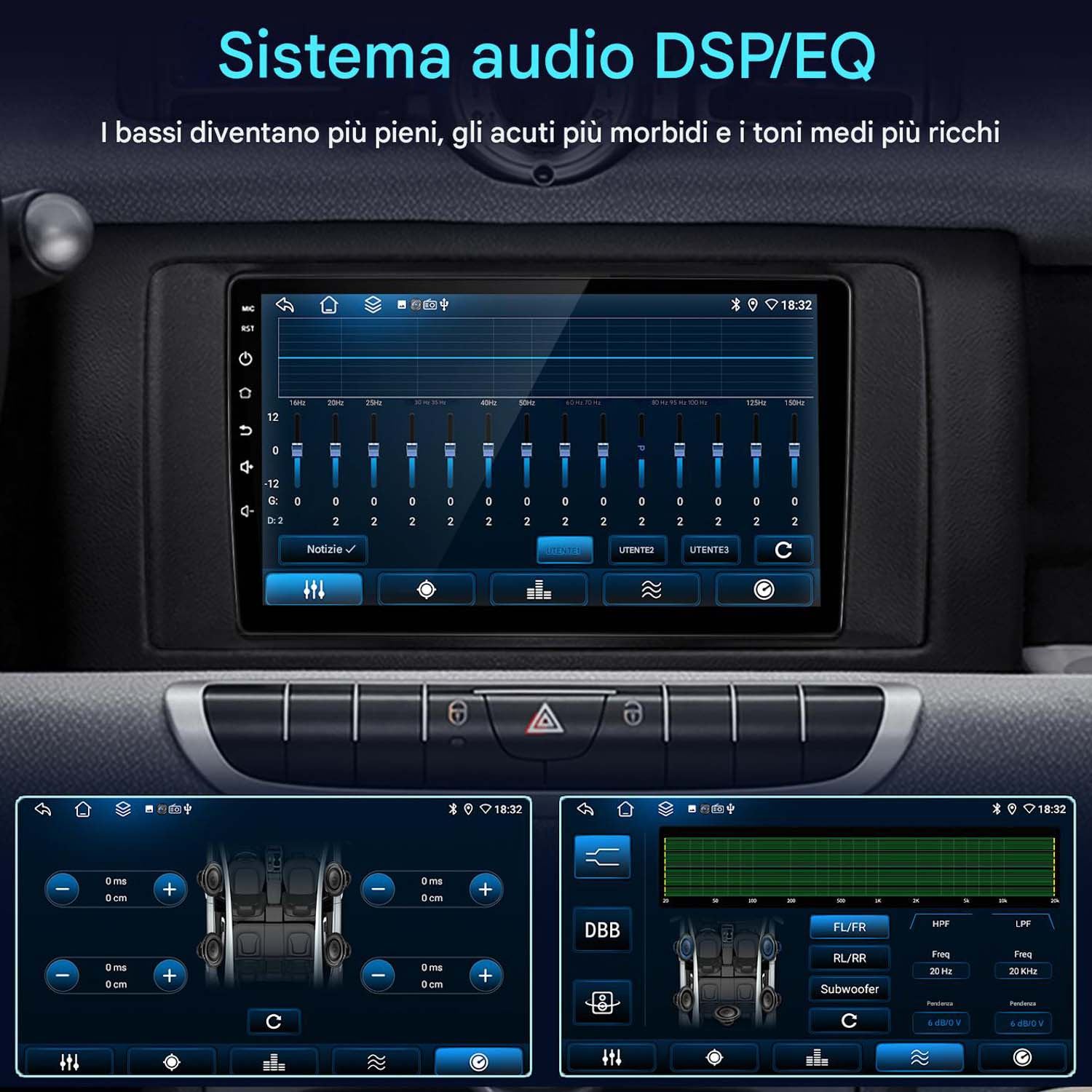 Interfaccia del sistema audio per auto che mostra le impostazioni dell'equalizzatore e le opzioni di controllo. Visualizza frequenze e regolazioni degli altoparlanti.