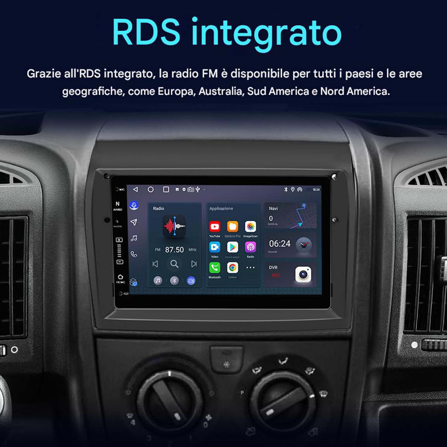 Schermo dell'autoradio che mostra l'interfaccia radio con i dettagli delle funzioni RDS. Lo stereo è in un cruscotto.