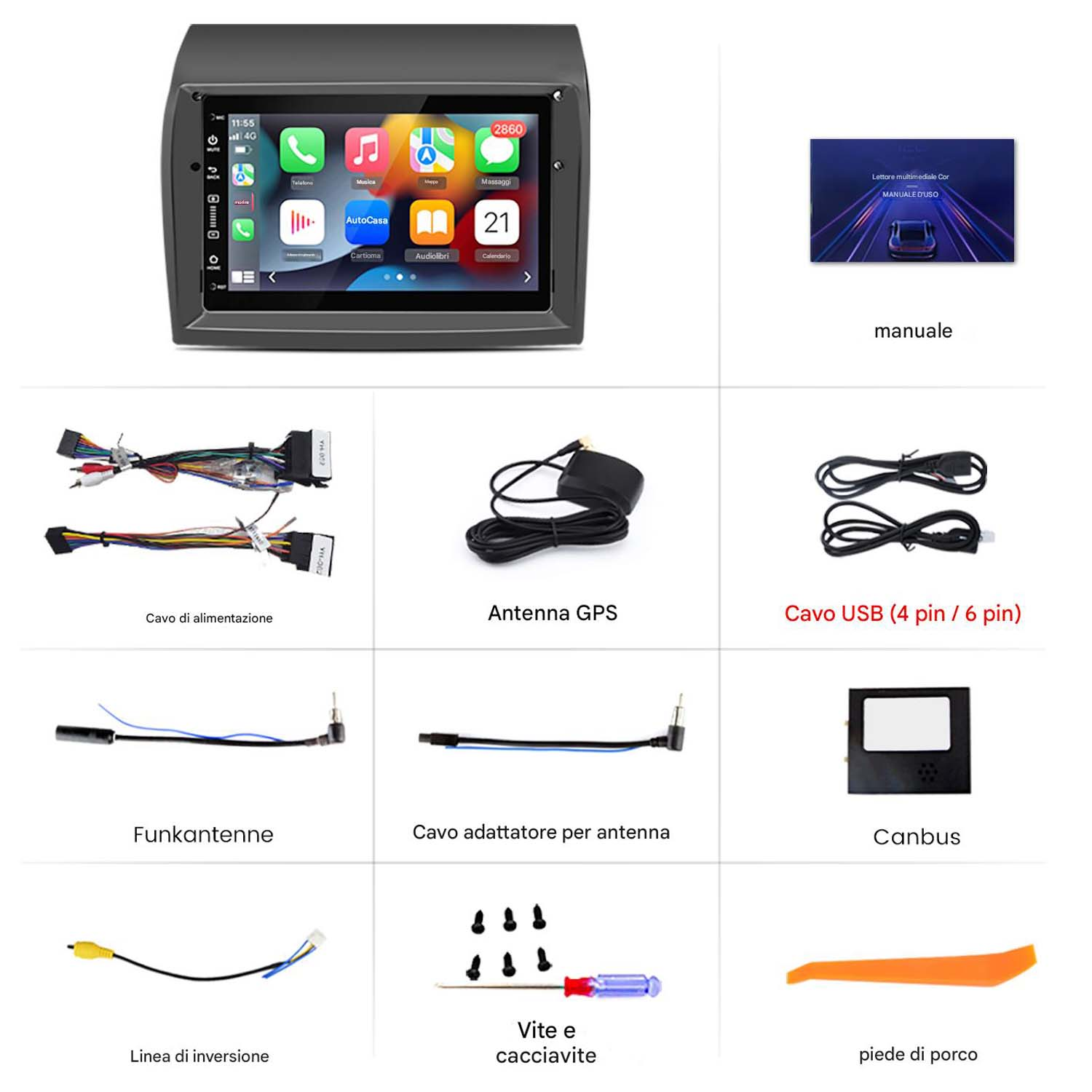 Accessori per l'installazione dell'autoradio. Mostra cavi, antenna e strumenti di montaggio necessari.