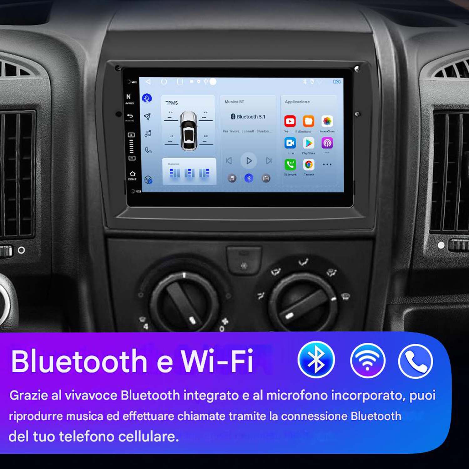 Schermo auto che mostra le funzioni Bluetooth e Wi-Fi. Il testo indica la connettività.