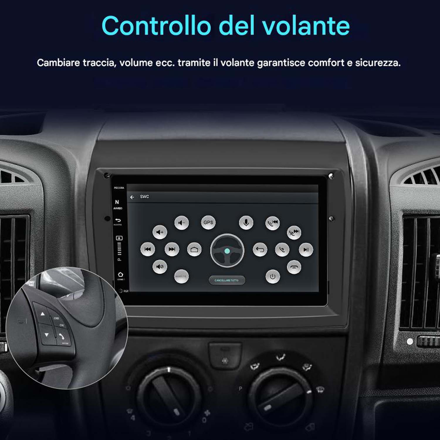 Cruscotto auto con touchscreen che mostra le impostazioni dell'auto. Volante visibile sul lato sinistro.