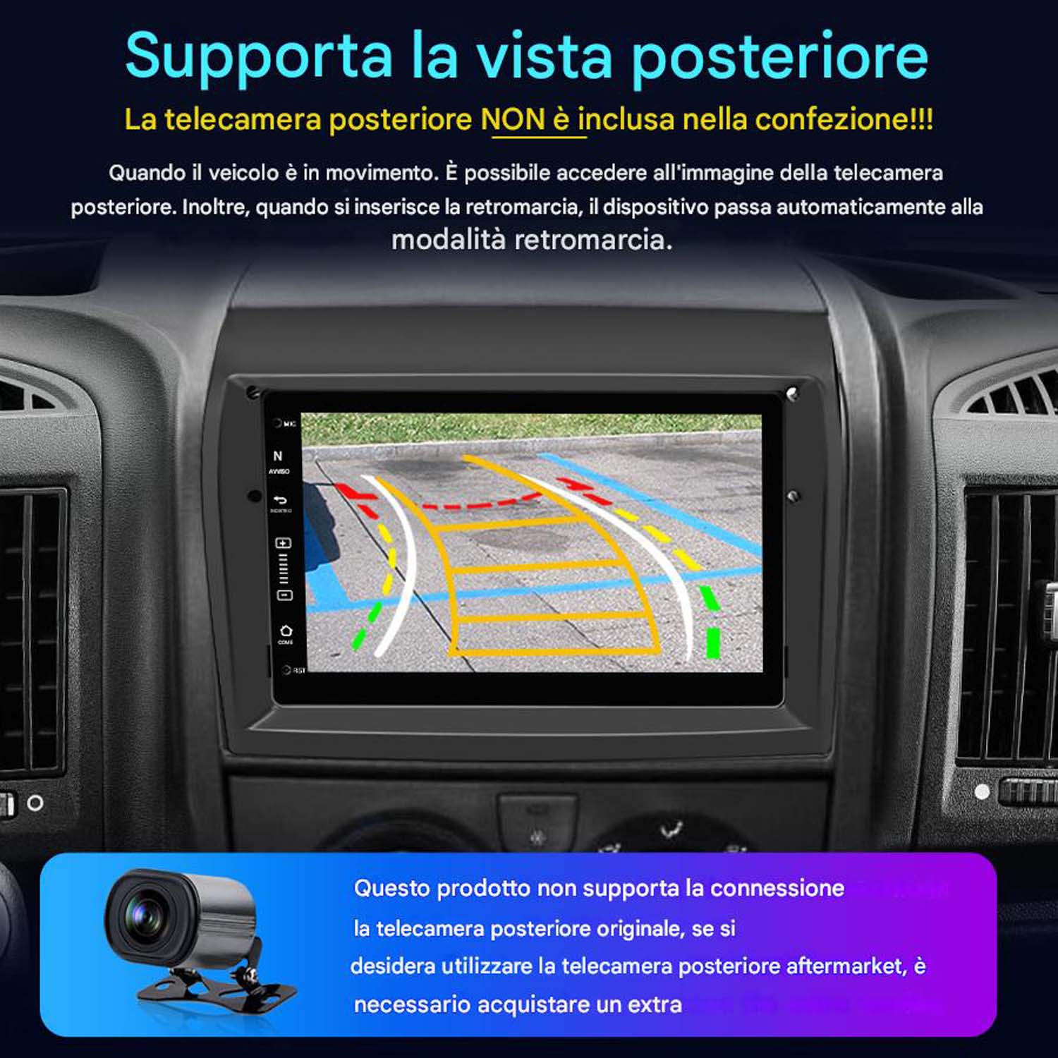 Lo schermo dell'autoradio mostra un'immagine della telecamera posteriore. L'immagine mostra le linee di parcheggio e l'ambiente circostante l'auto.