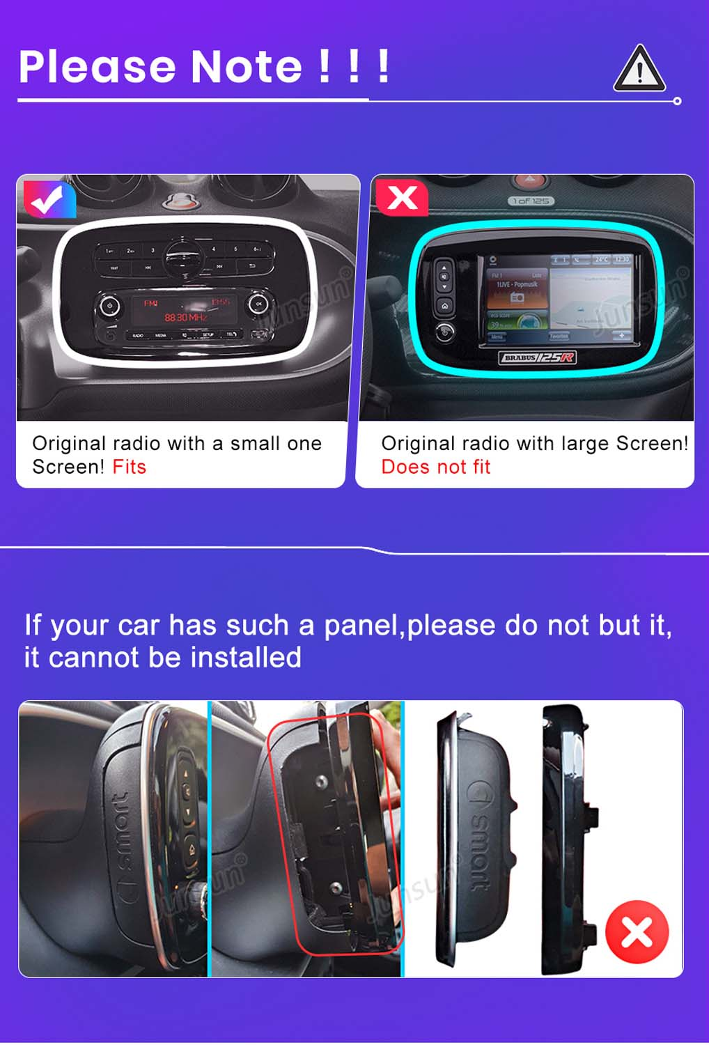 L'immagine mostra schermi radio per auto con istruzioni. Uno si adatta, l'altro no. Vengono mostrati pannelli aggiuntivi.