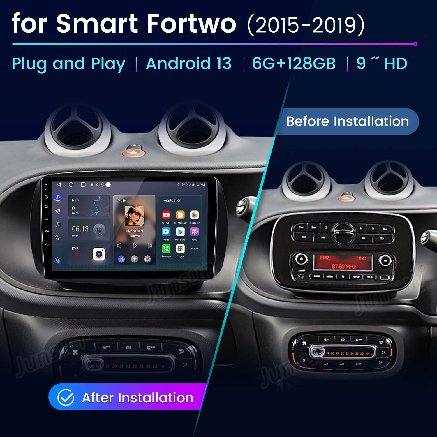 Sistema radiofonico per auto prima e dopo l'installazione. Mostra il cruscotto con la radio e il nuovo sistema Android 13.
