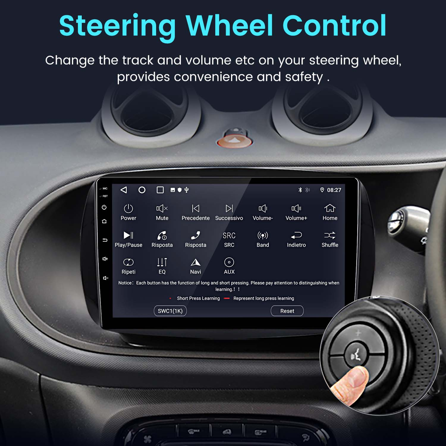 Schermo multimediale per auto con istruzioni per il controllo del volante. Testo su come controllare il sistema.