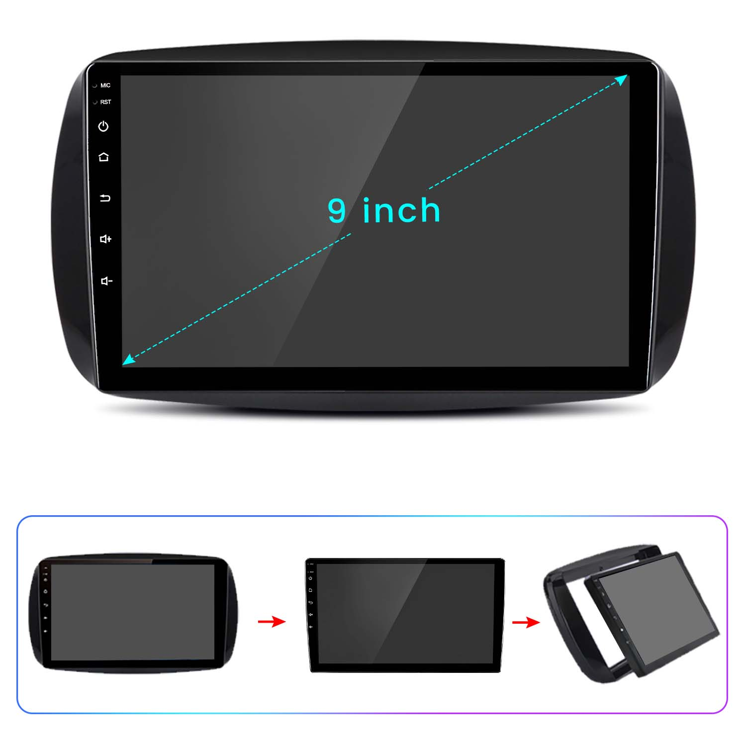 Schermo dell'autoradio, con display da 9 pollici, mostrato da più angolazioni, con cornice nera.