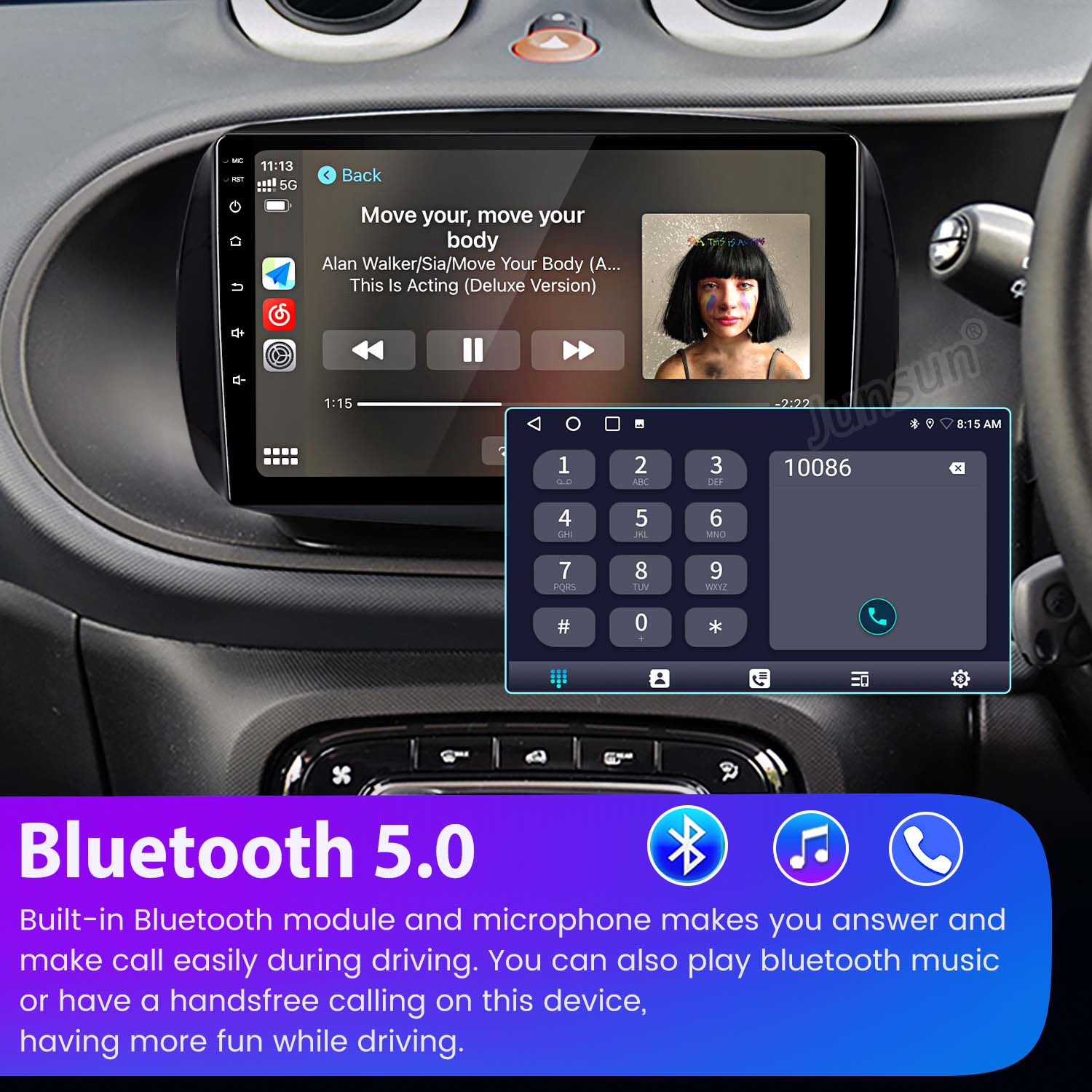 Schermo dell'autoradio che riproduce musica e mostra un dialer telefonico. Le funzionalità Bluetooth 5.0 sono descritte di seguito.