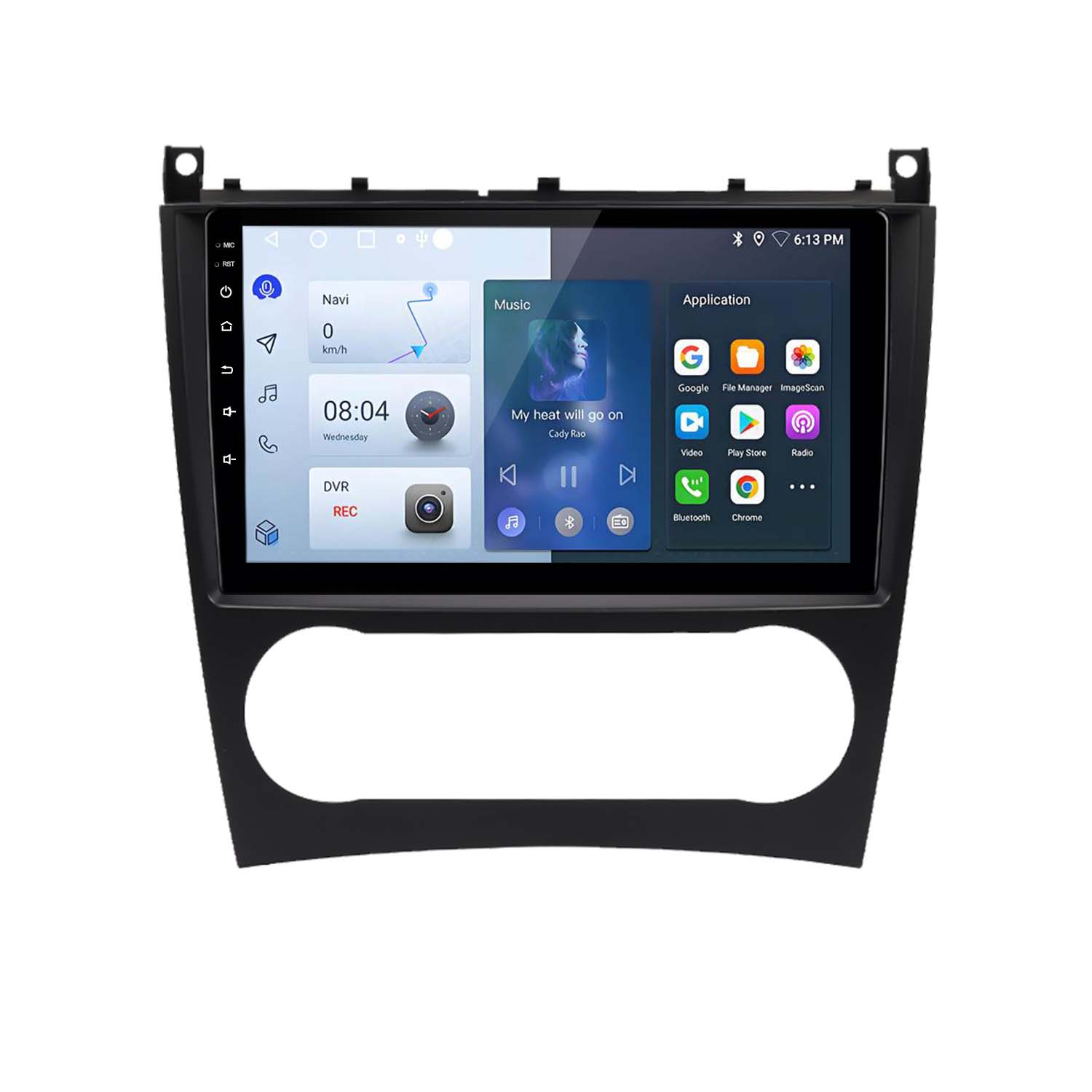 Uno schermo stereo per auto che mostra musica e icone delle app. Lo stereo è inserito in una cornice nera.