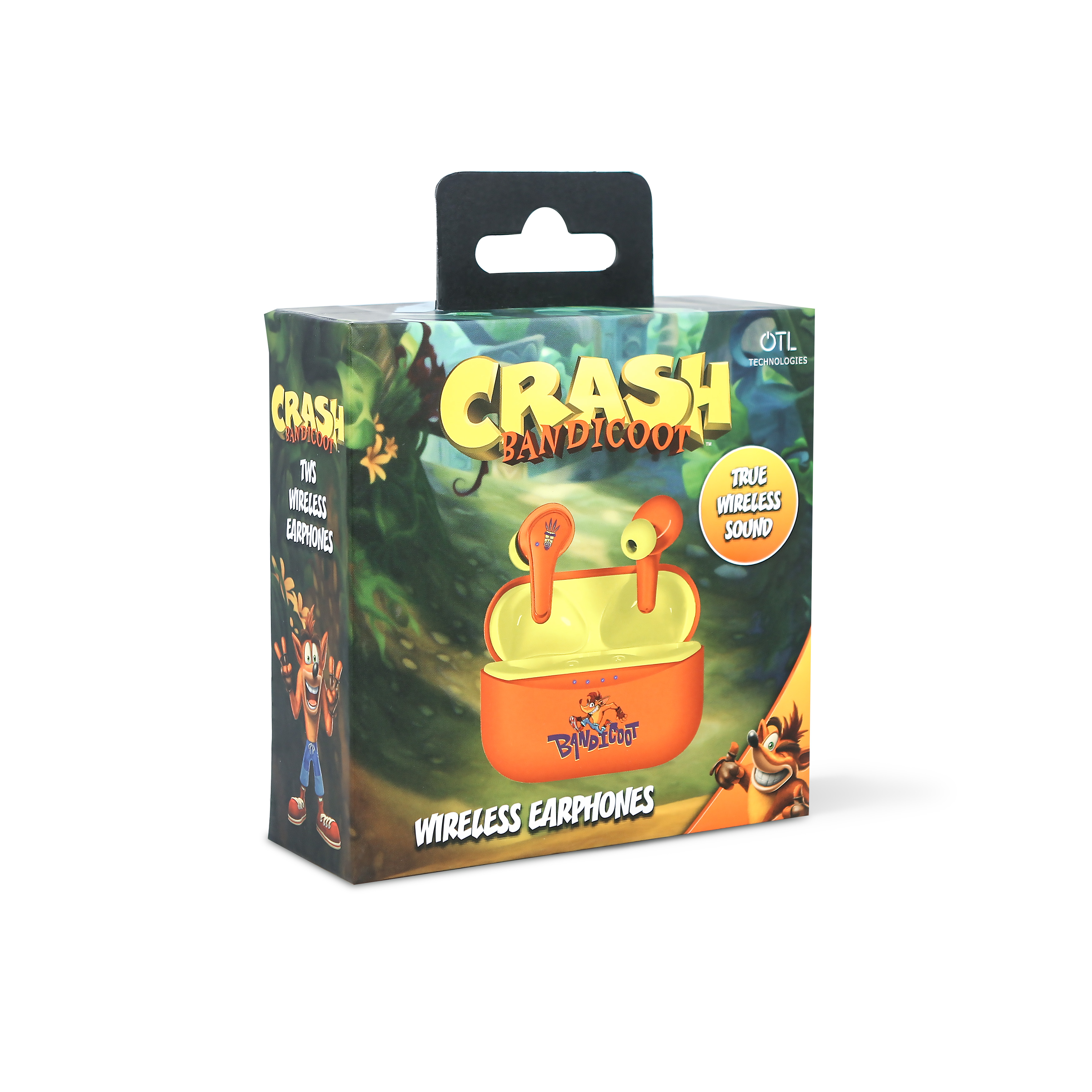 Doos met Crash Bandicoot draadloze oortelefoons in een oranje hoesje, met karakterkunst.
