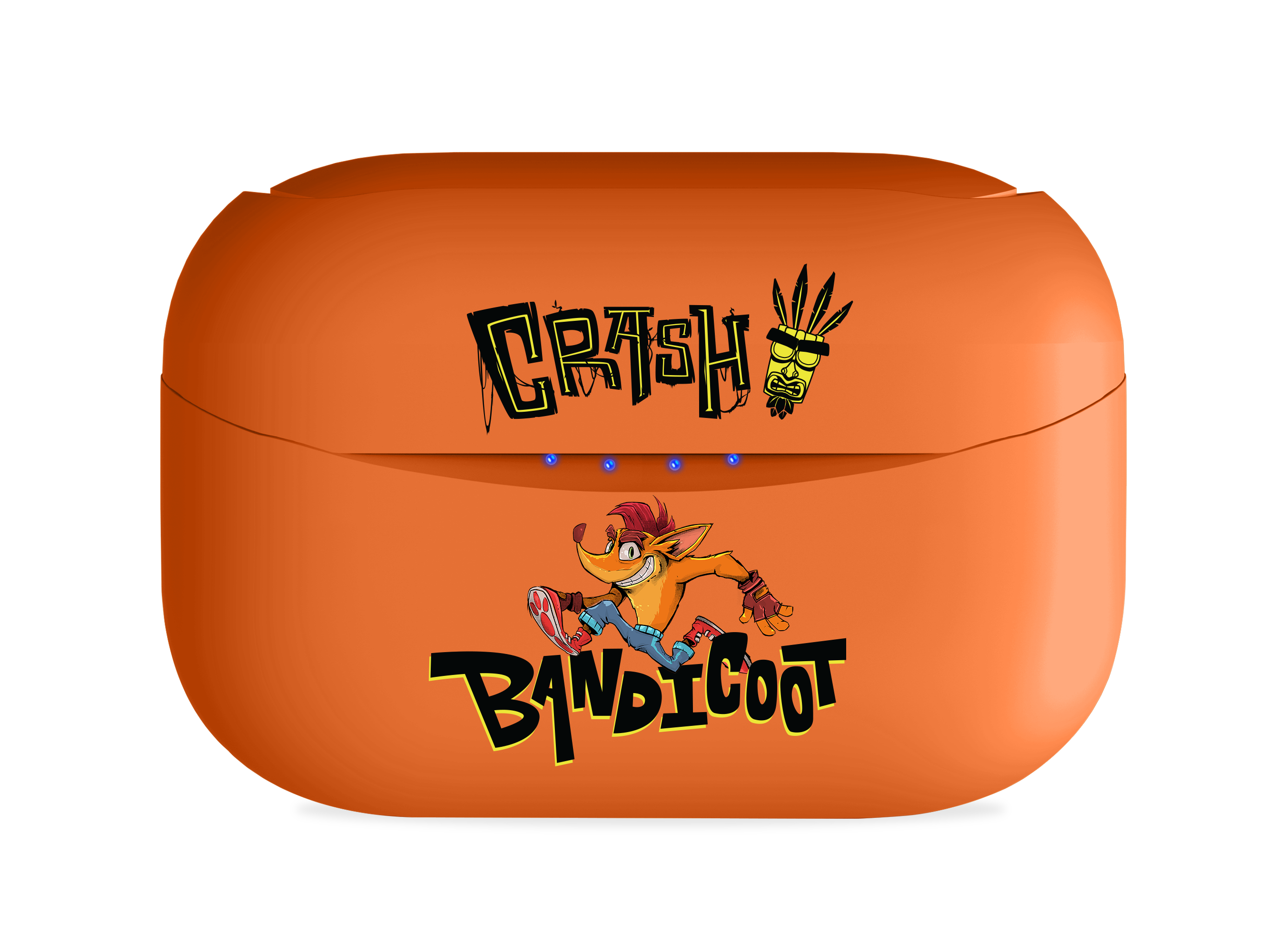 Oranje Crash Bandicoot oortjes case. Met Crash Bandicoot rennend en 'Crash Bandicoot' tekst.