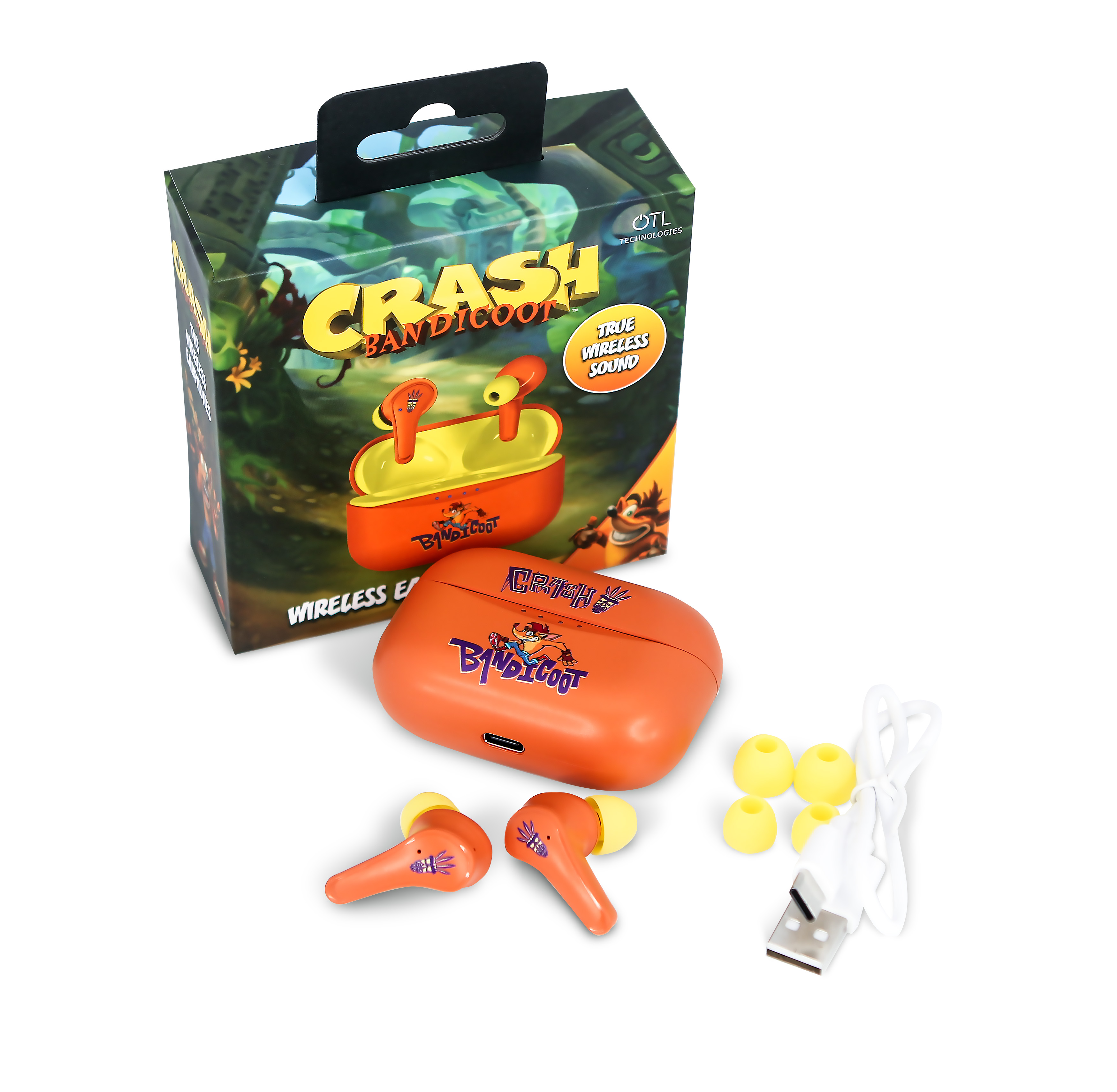 Crash Bandicoot draadloze oordopjes in oranje etui, met oranje oordopjes en accessoires.