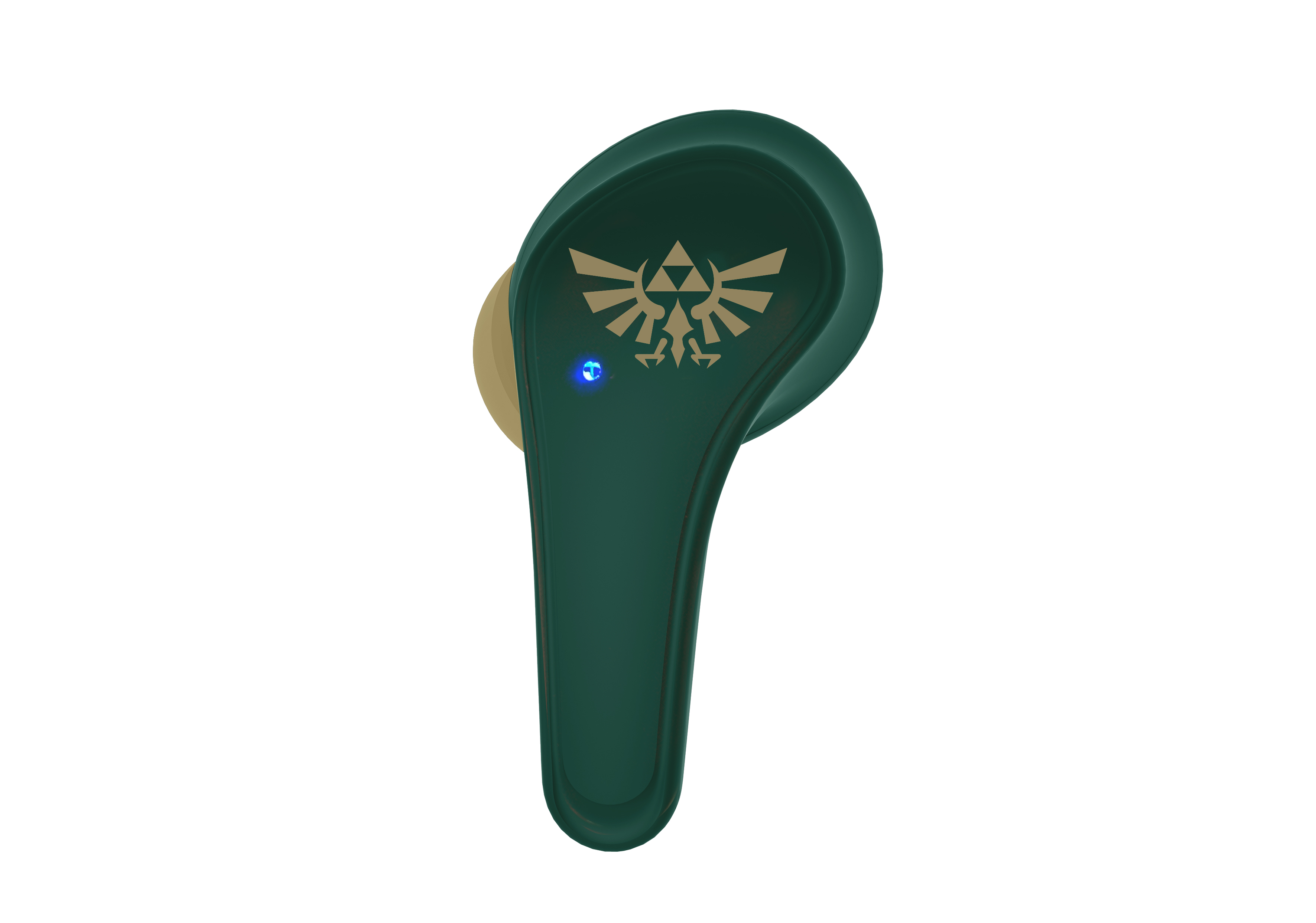 Un auricolare verde con una luce blu e uno stemma dorato. L'auricolare è su sfondo bianco.