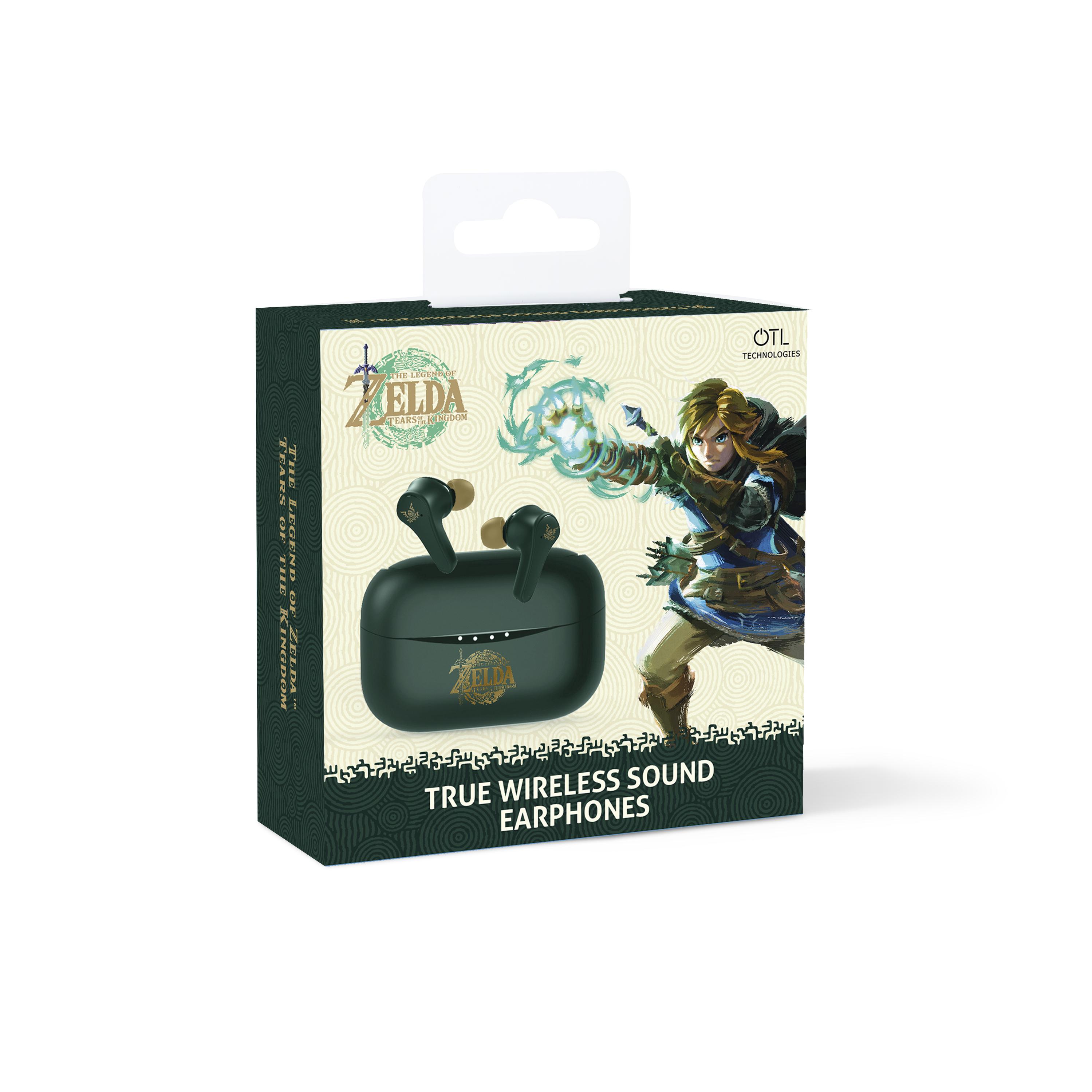 Auricolari wireless con scatola. La scatola ha l'immagine di un personaggio e testo Zelda.