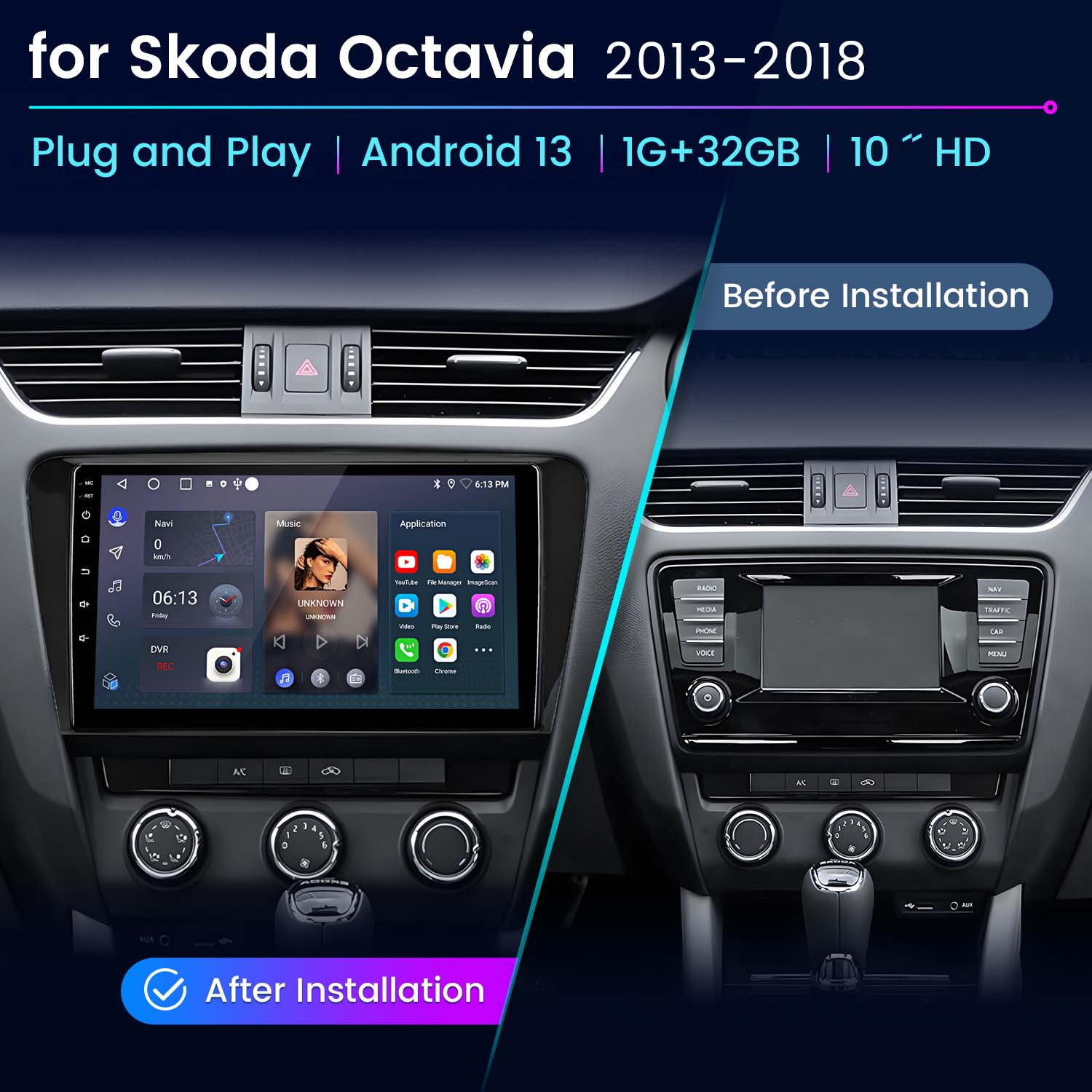 Cruscotto auto con sistema Android 13 installato, che mostra radio e navigazione.