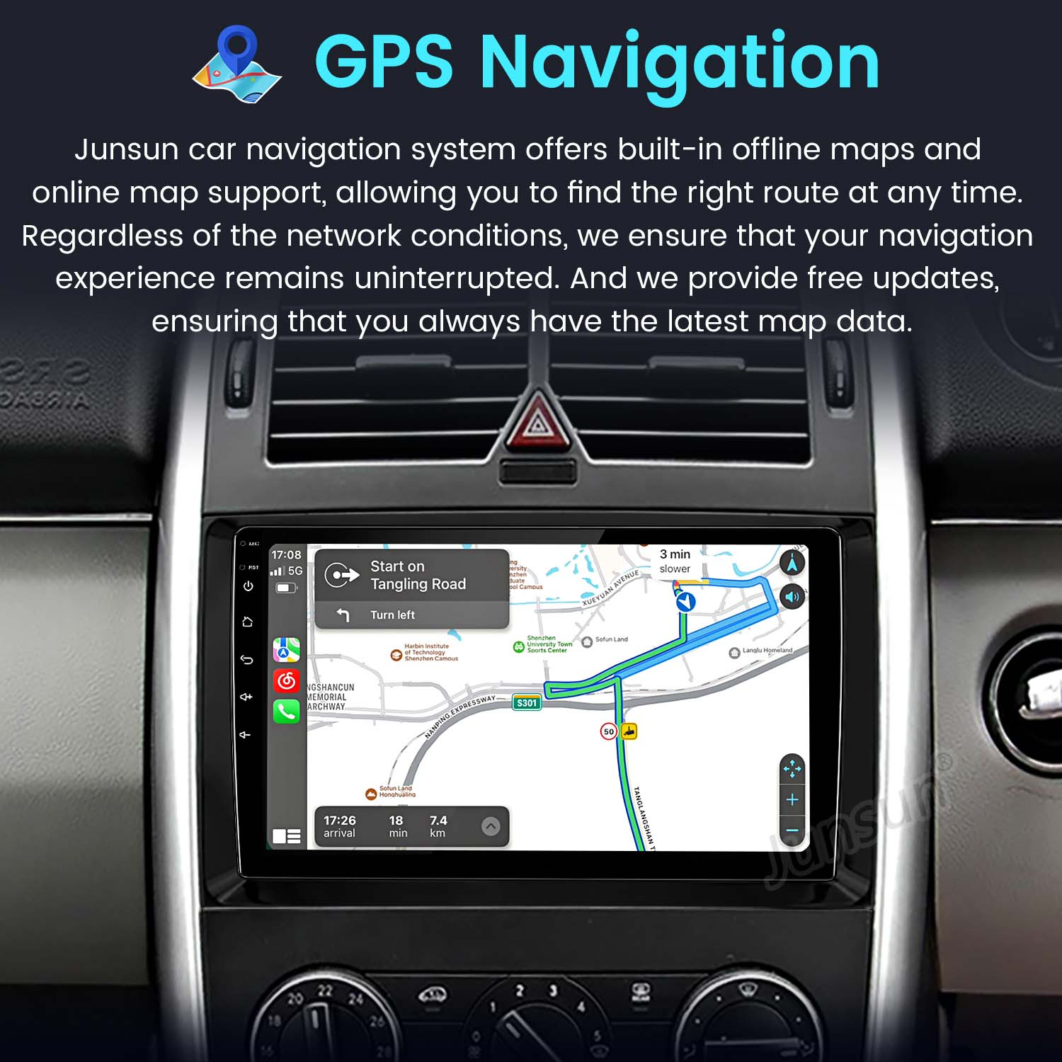 Schermo di navigazione dell'auto che mostra un percorso sulla mappa. Il testo evidenzia la navigazione GPS e il supporto mappe offline.