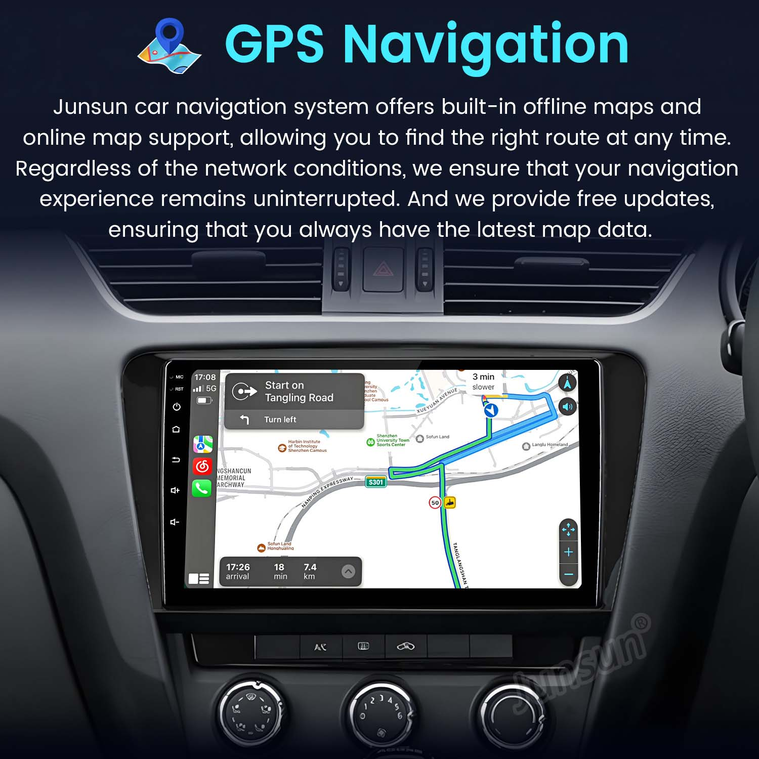 Cruscotto dell'auto con schermo di navigazione GPS. La mappa mostra un percorso con indicazioni. Il testo dice navigazione GPS.