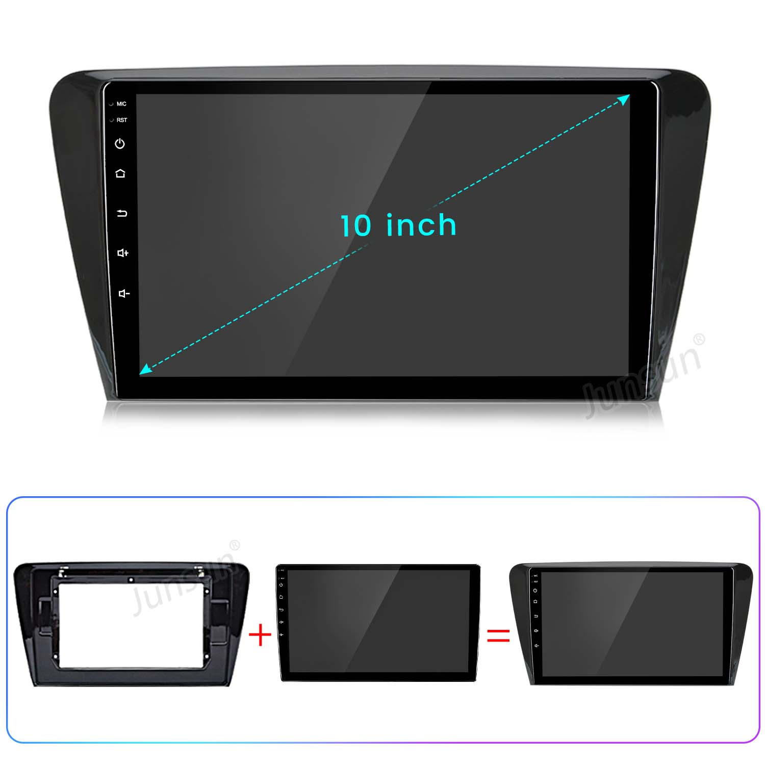 Viene mostrato uno schermo per auto con un display da 10 pollici e le sue parti come la cornice e lo schermo.