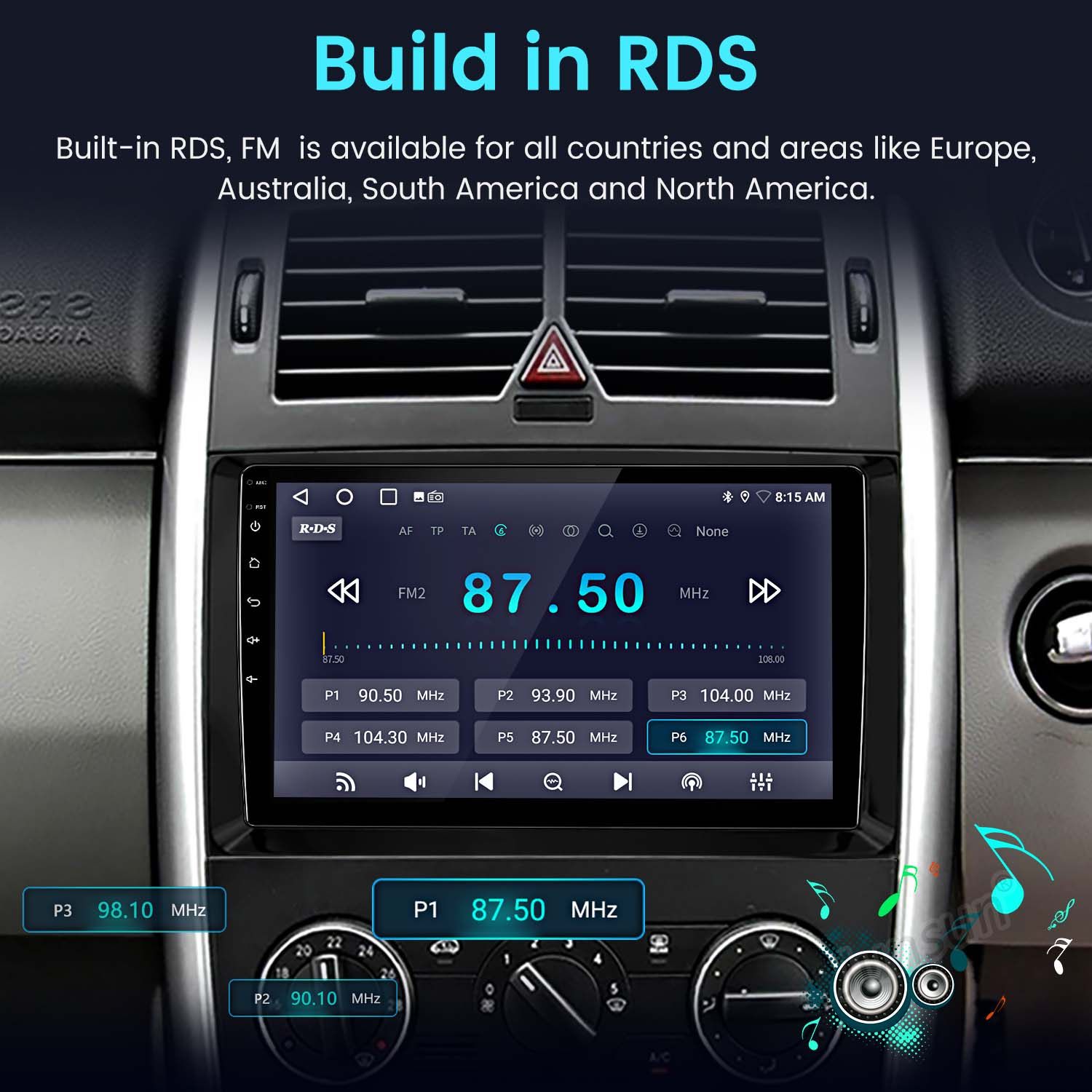 Schermo autoradio, che mostra la frequenza radio e le preimpostazioni, all'interno dell'auto.