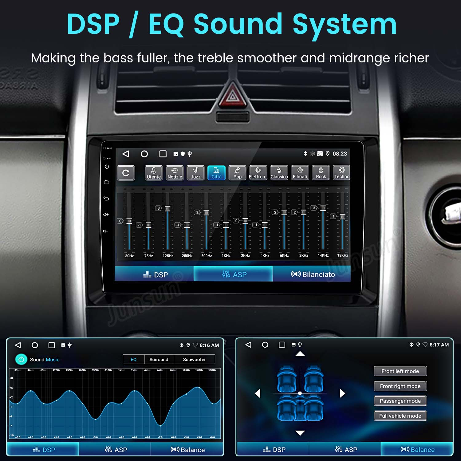 Schermo autoradio con equalizzatore, bilanciamento e impostazioni audio surround. Mostra le 8:16 e le 8:23. Lo sfondo è un interno auto.