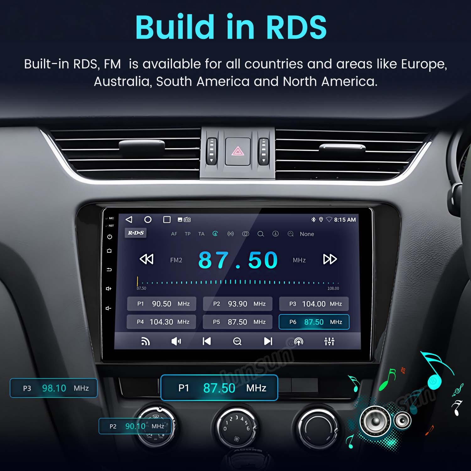 Lo schermo dell'autoradio visualizza le informazioni radio. Lo schermo mostra le informazioni RDS.