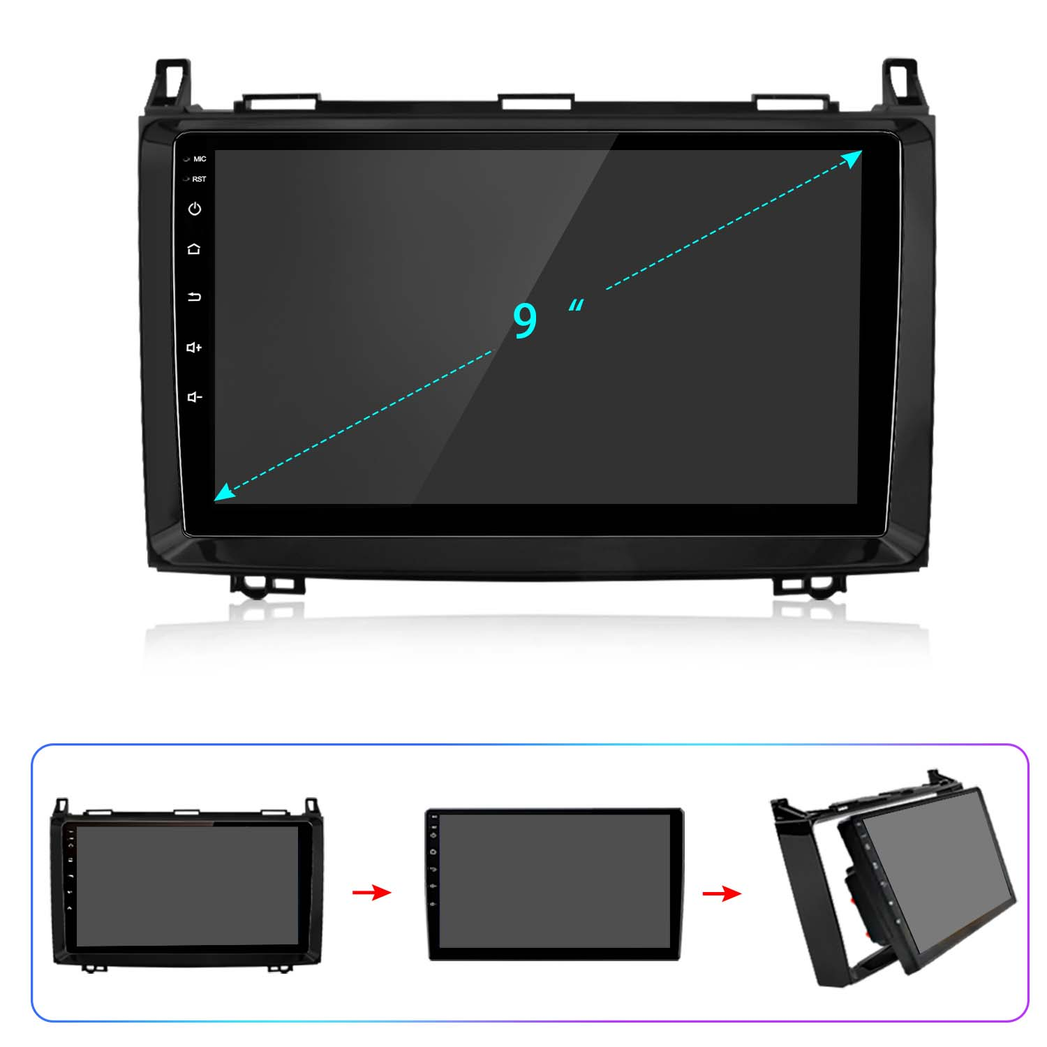 Uno schermo stereo per auto in una cornice nera. Lo schermo è nero e ha una freccia di misurazione.