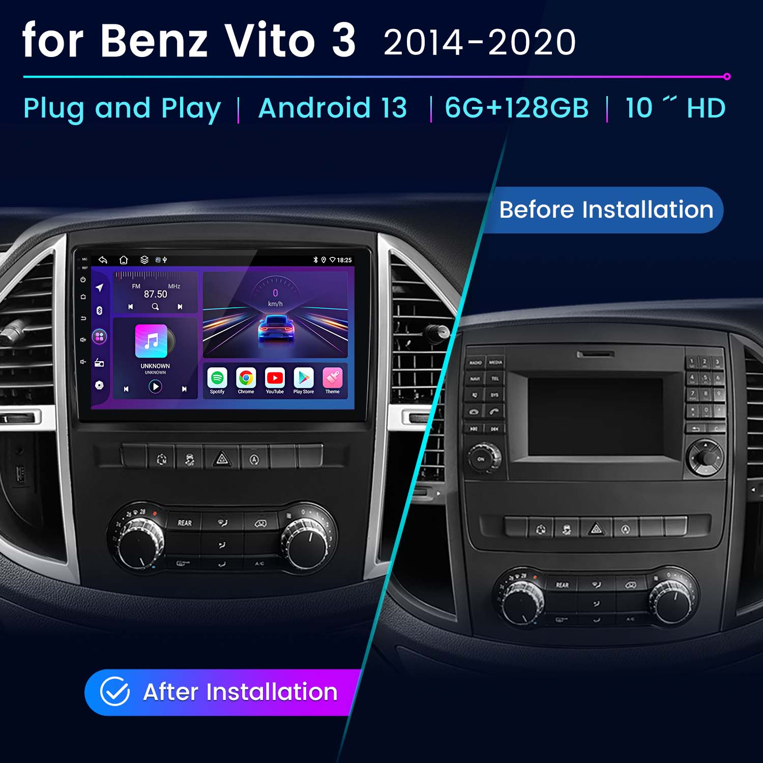 Confronto cruscotto auto: Prima dell'installazione, radio nera. Dopo, schermo con Android 13, Spotify, Chrome e YouTube.