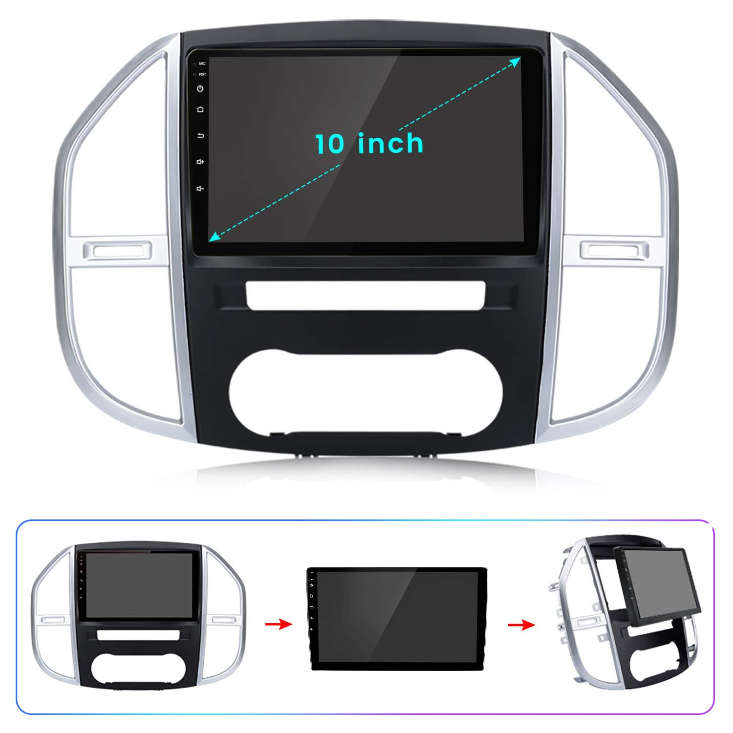Schermo autoradio con display da 10 pollici, con diverse fasi di assemblaggio.