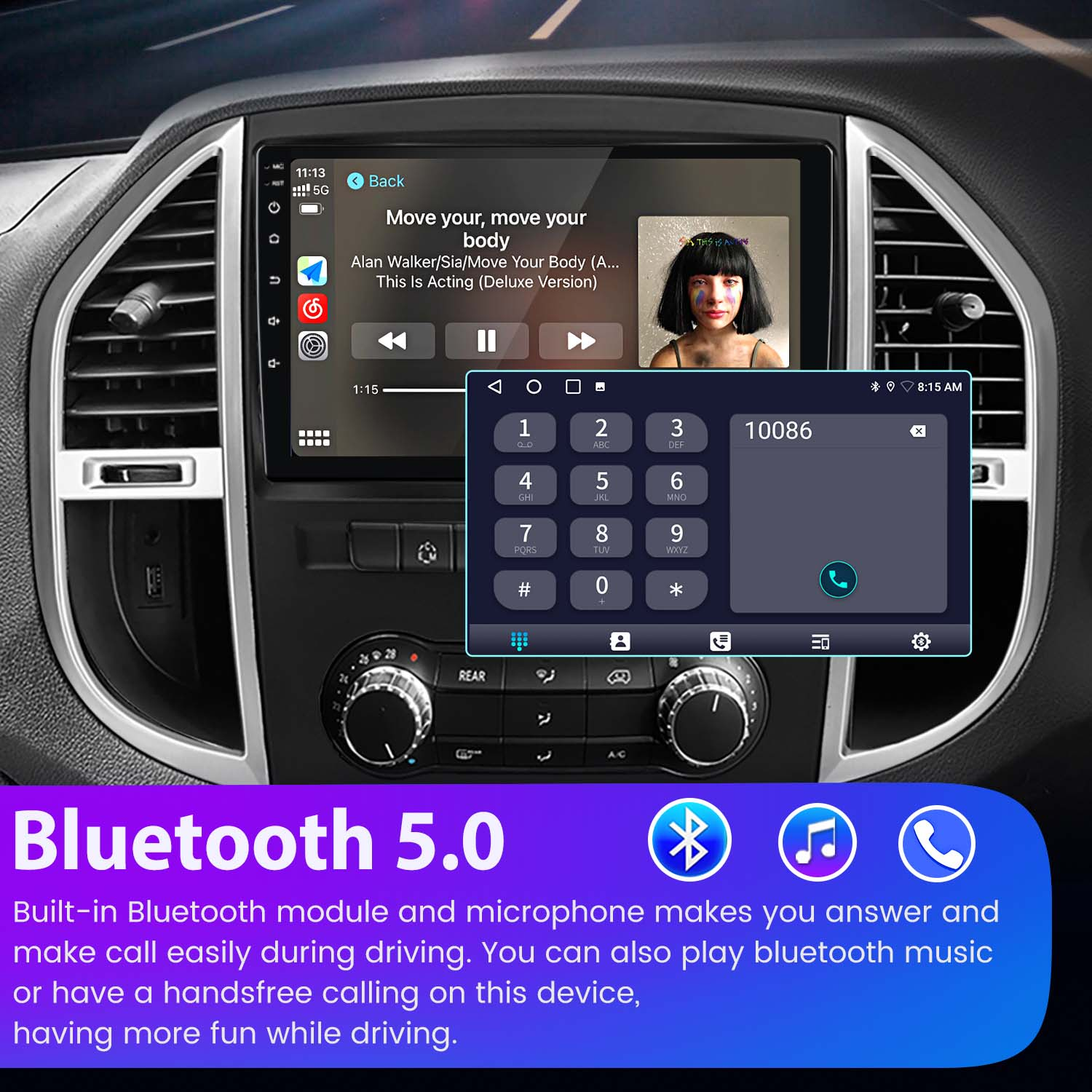 Schermo stereo dell'auto che mostra musica e tastierino telefonico. Le funzioni Bluetooth 5.0 sono evidenziate di seguito.