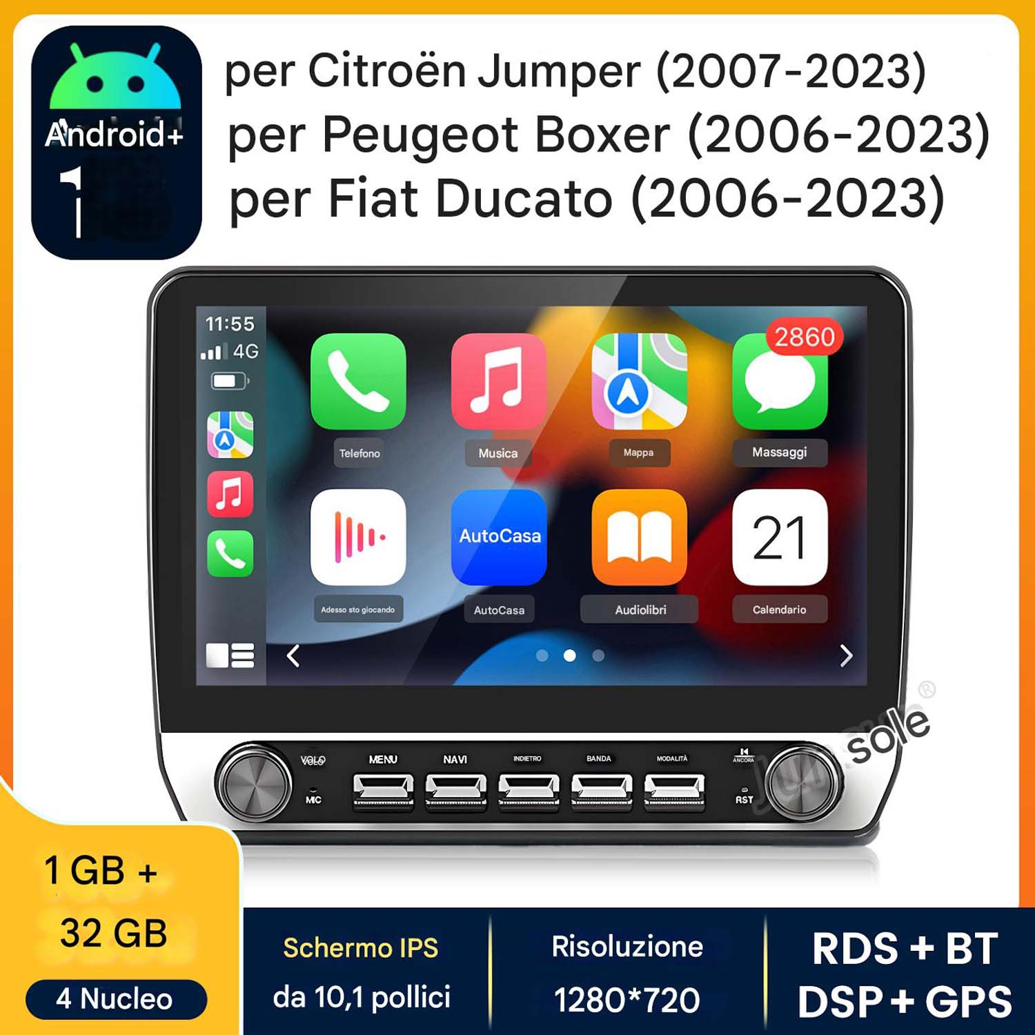 Sistema multimediale per auto con app Android, che mostra radio e navigazione.