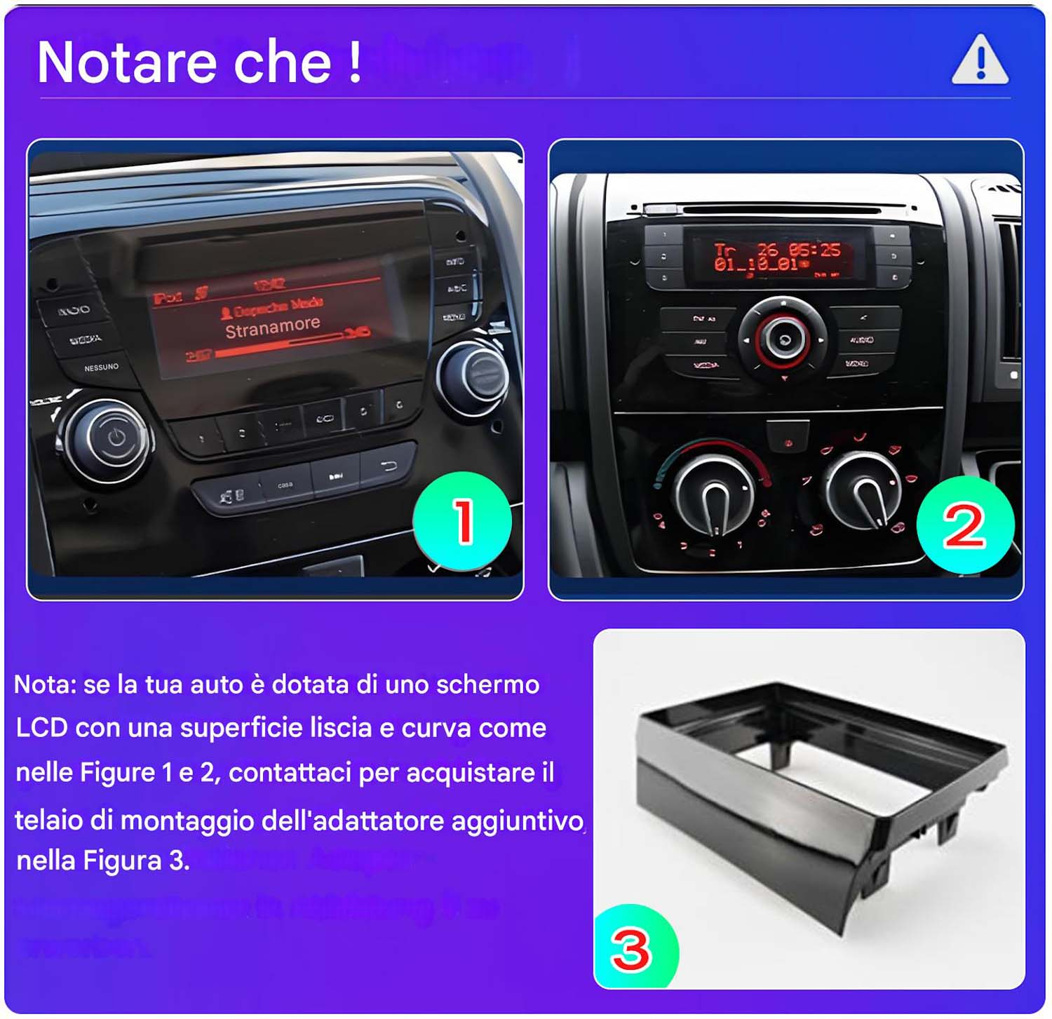 L'immagine mostra il cruscotto dell'auto con radio, display e comandi dell'aria. Include una cornice in plastica nera e testo in italiano.