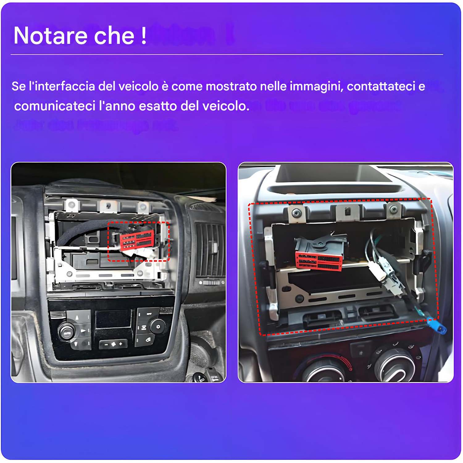 Immagini che mostrano l'installazione dell'autoradio. La sinistra mostra la radio originale, la destra la nuova autoradio installata.