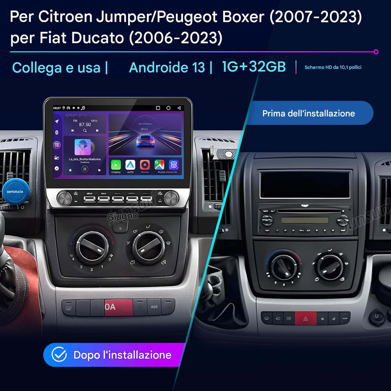 Confronto dell'installazione dell'autoradio: prima e dopo. Il testo evidenzia Android 13, 1G+32GB e uno schermo HD da 10,1 pollici.
