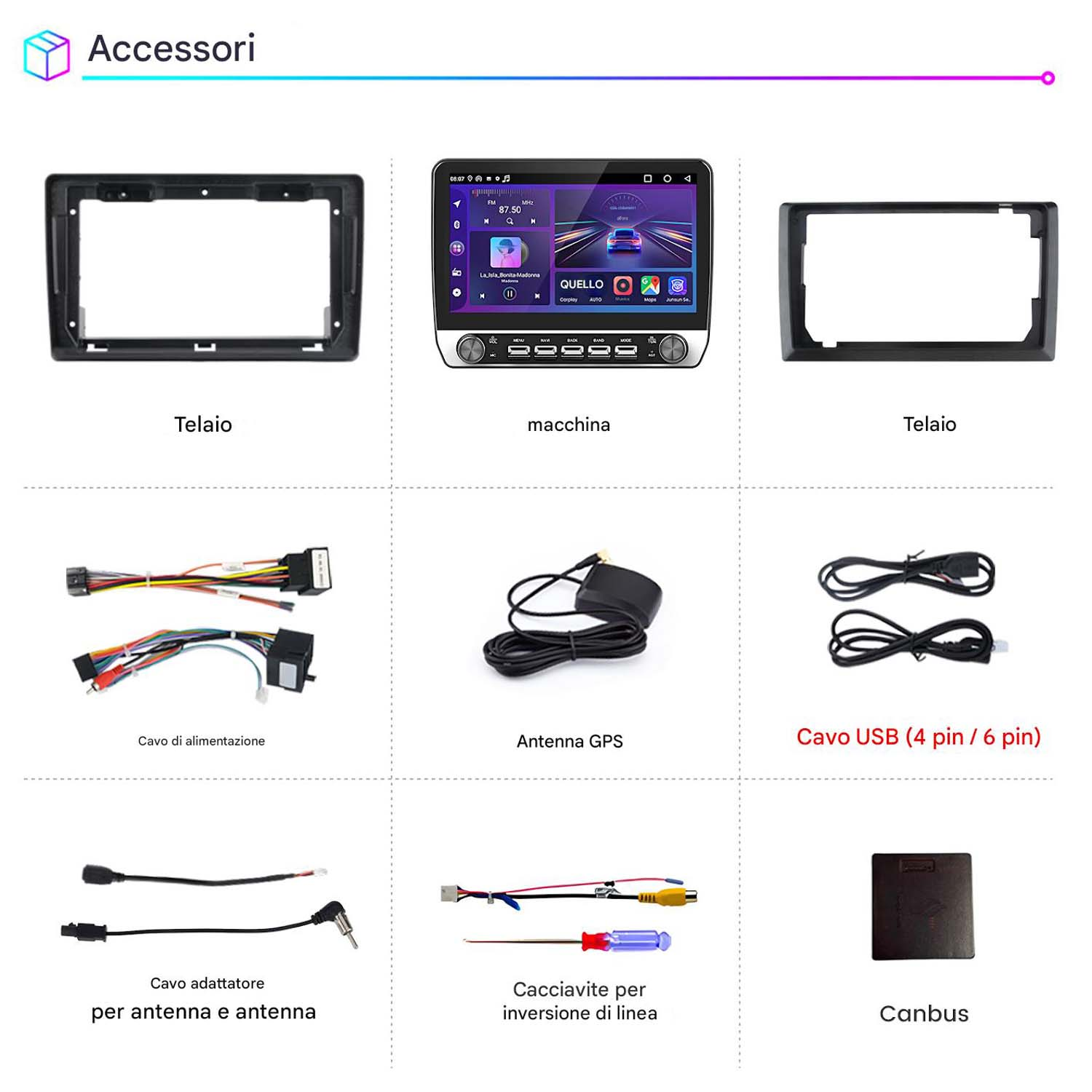 Una collezione di parti stereo per auto tra cui telaio, schermo e cavi, disposte su una superficie.