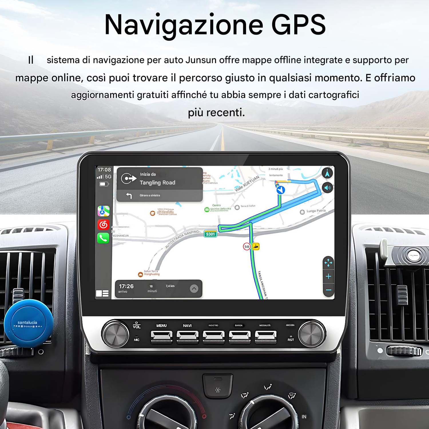 Sistema di navigazione GPS sullo schermo di un'auto, che mostra una mappa con un percorso e i comandi di navigazione.