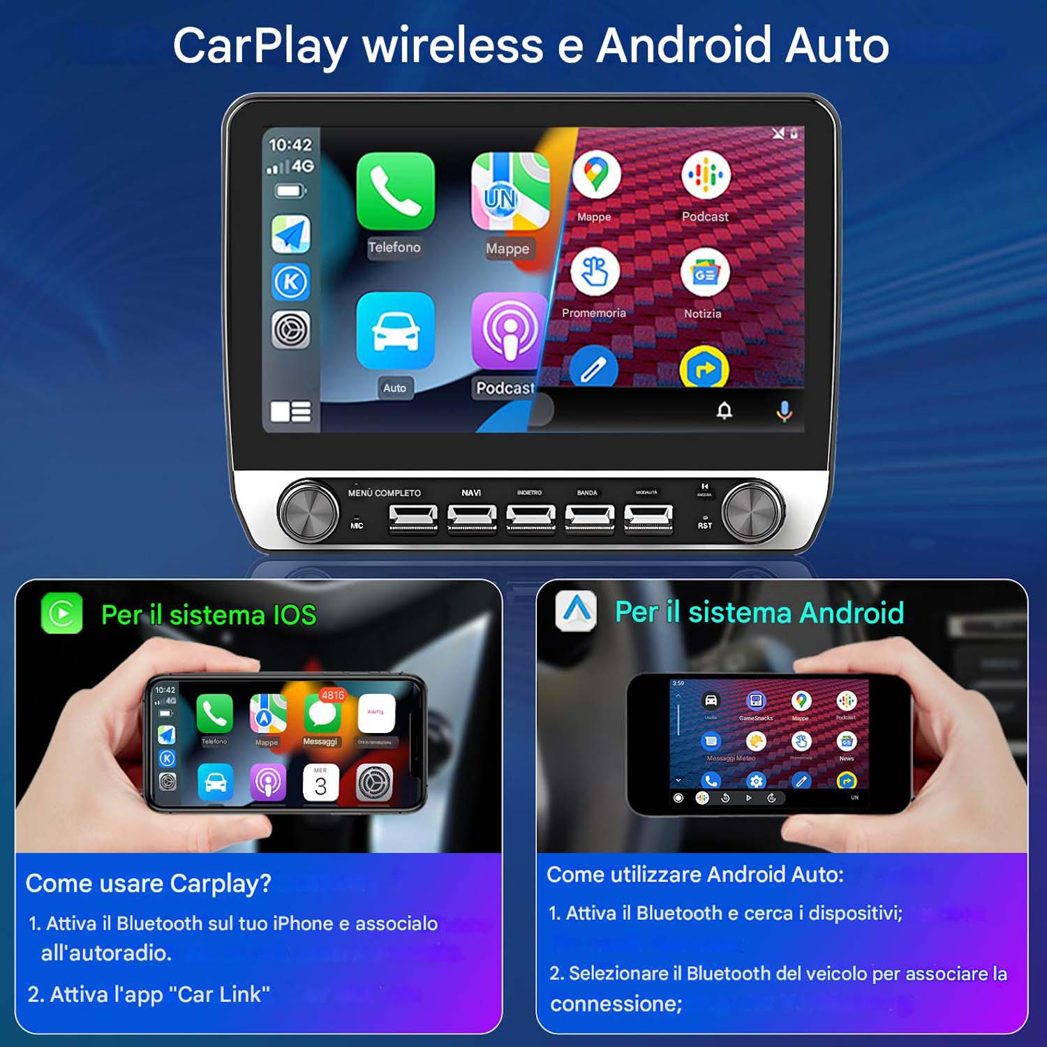 Interfaccia CarPlay e Android Auto sullo schermo multimediale dell'auto, con istruzioni di configurazione.