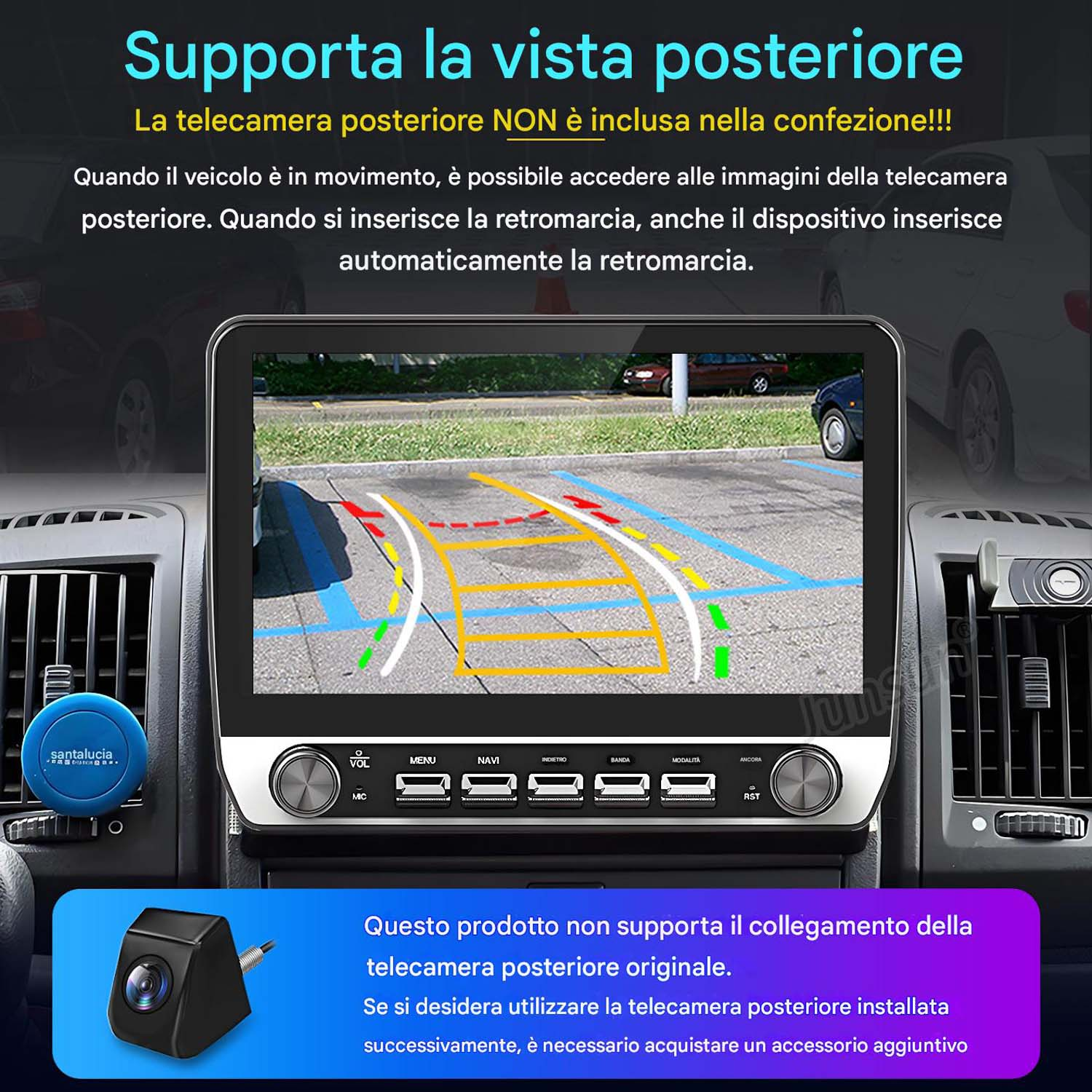 Schermo del cruscotto dell'auto che mostra la vista posteriore. Una telecamera e elementi interni dell'auto sono visibili.